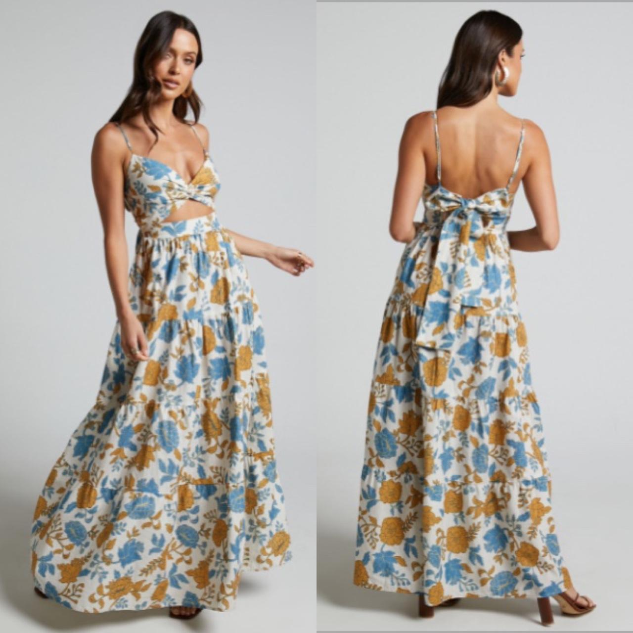 Amalie The Label - Emerita Linen Blend Sweetheart Twist Front Tie Back Midi  Dress in Valencia Floral