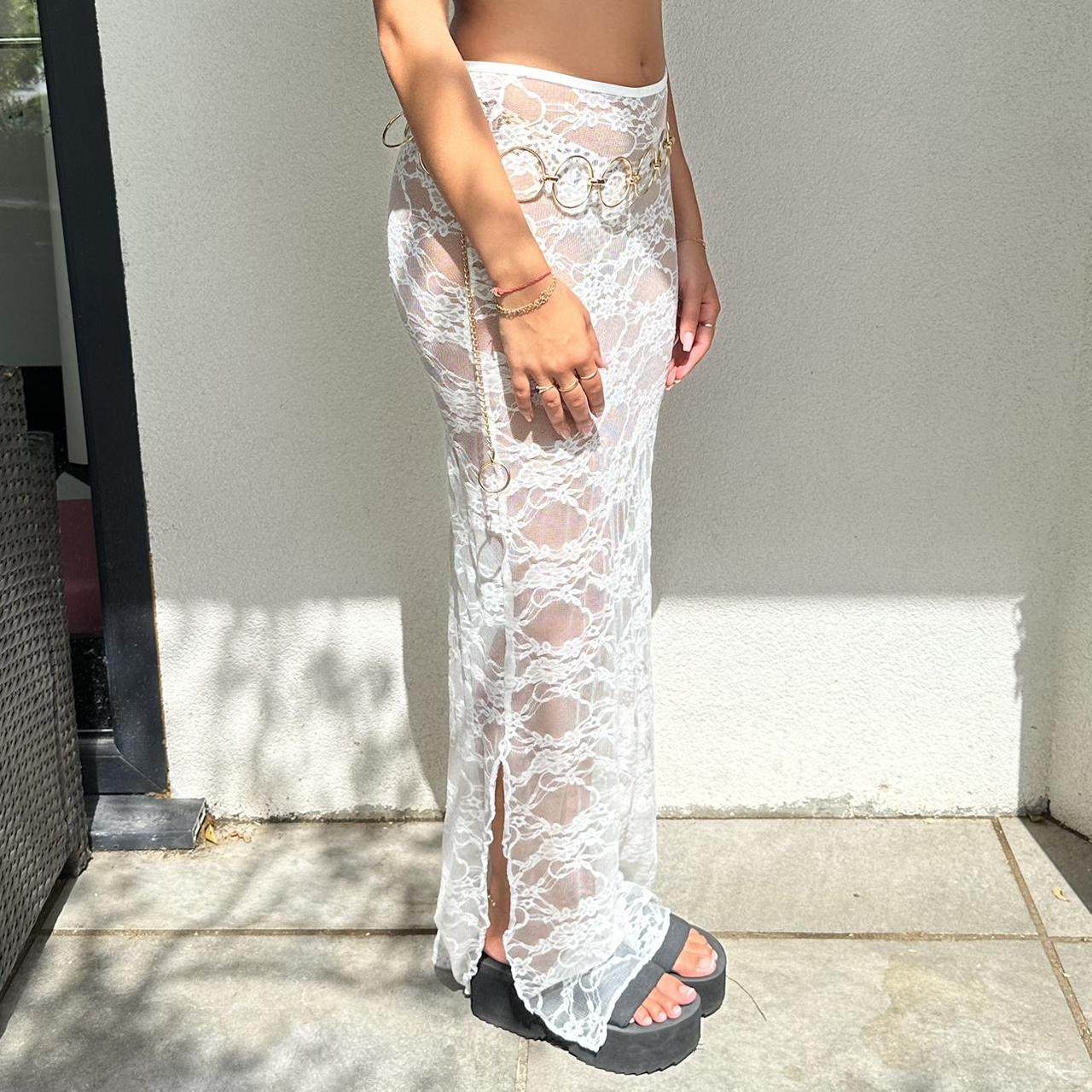 lace maxi skirt in white sheer white stretchy lace... - Depop