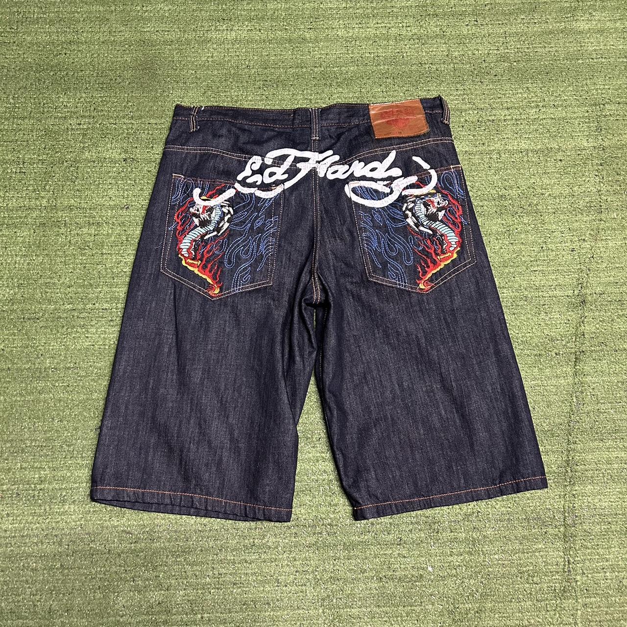 Vintage ed hardy dragon flake raw denim jean shorts... - Depop