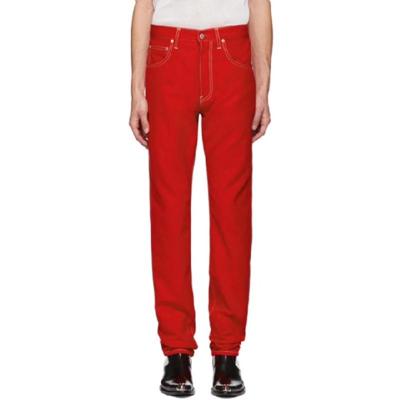 helmut lang masc hi straight jeans red w/ white... - Depop