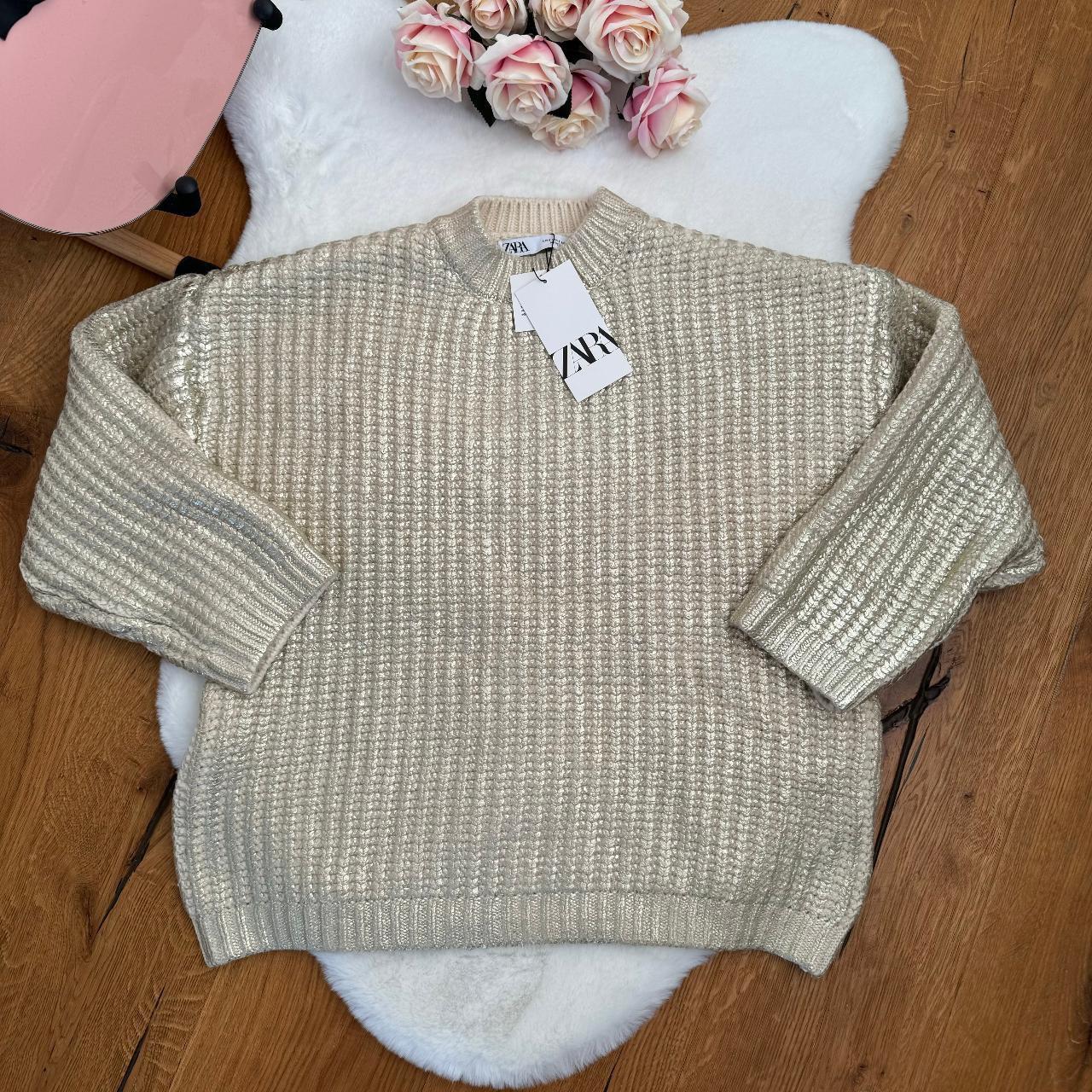 ZARA OVERSIZE FOIL KNIT SWEATER LIGHT GOLD SILVER | Depop