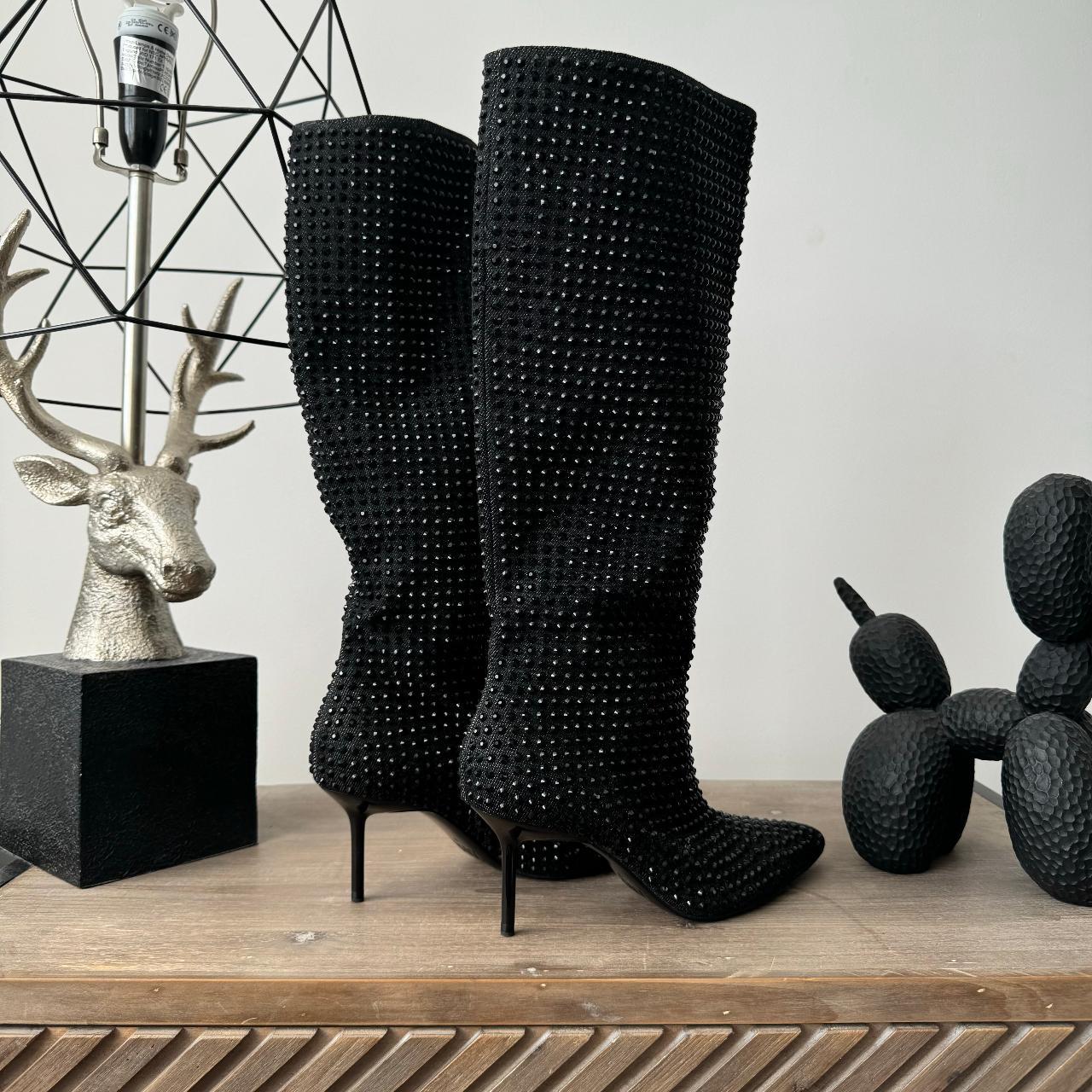 ZARA RHINESTONE DENIM BOOTS Black WOMAN KNEE HIGH | Depop