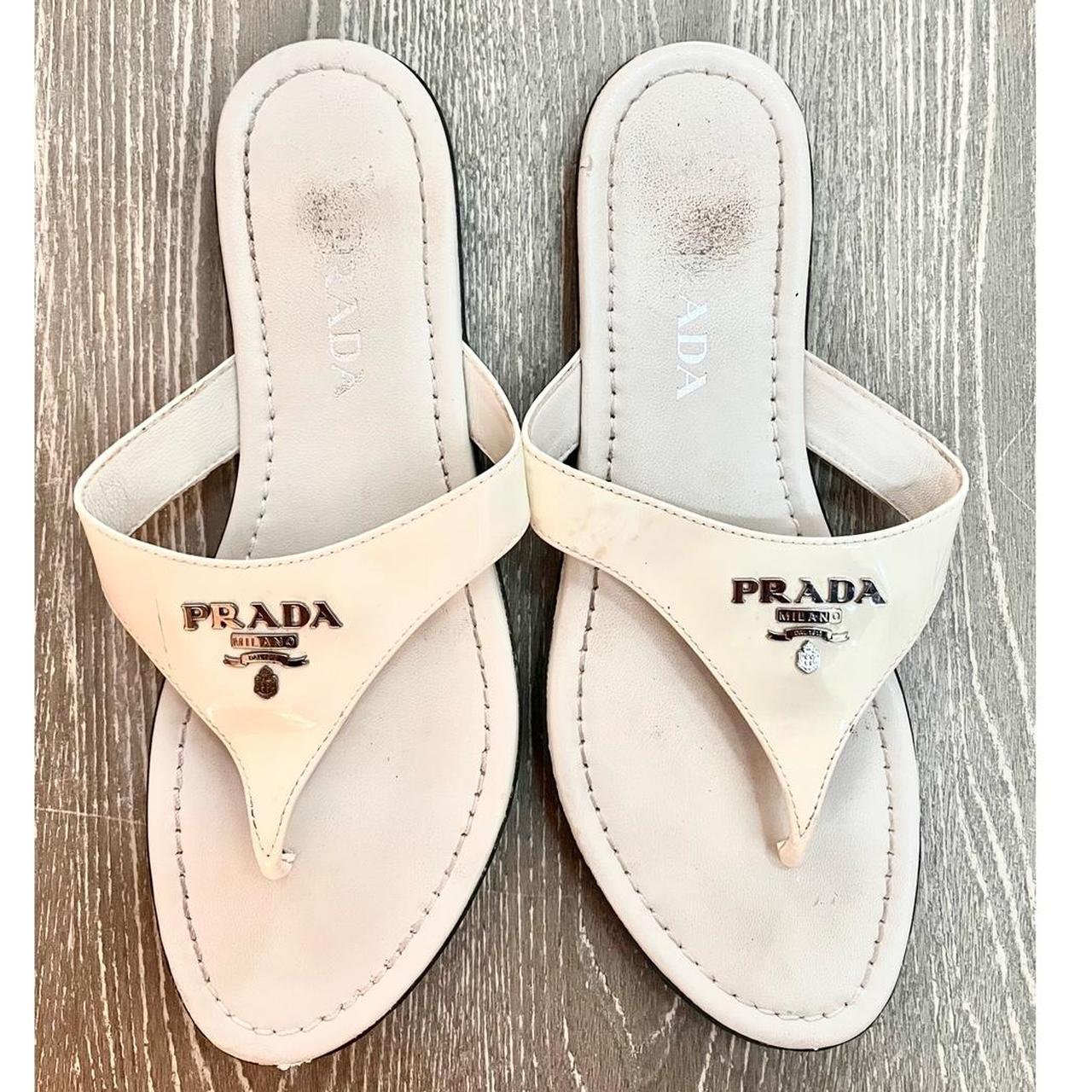 Prada Women's White and Silver Sandals | Depop