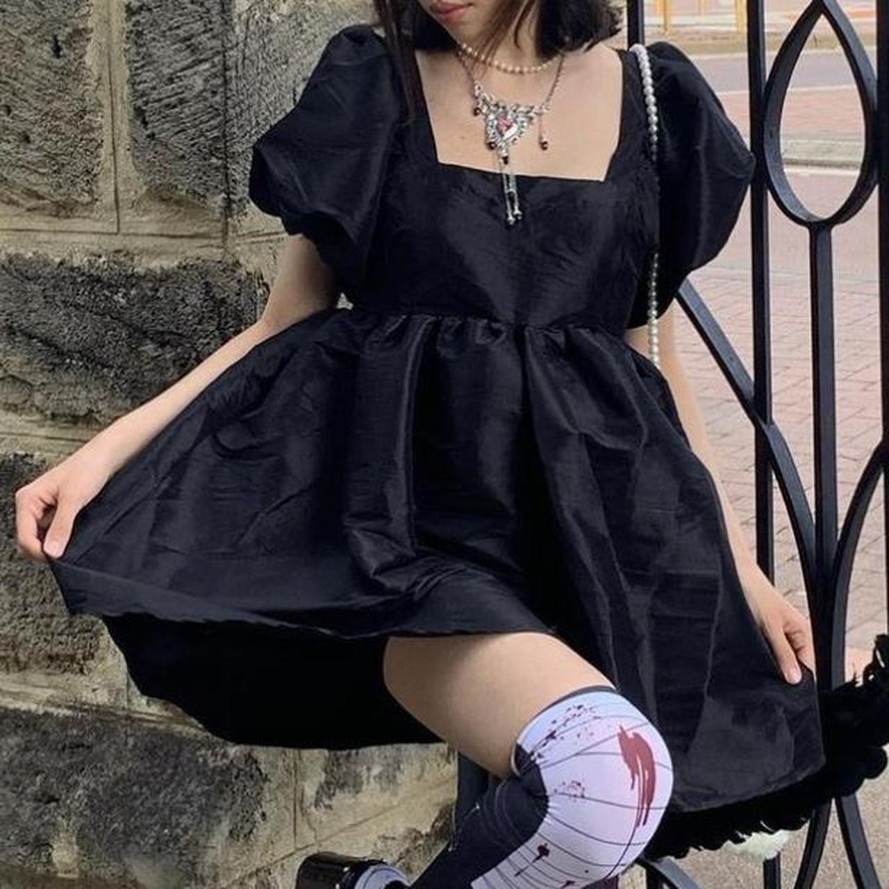 black babydoll dress with puff sleeves and lace up... - Depop