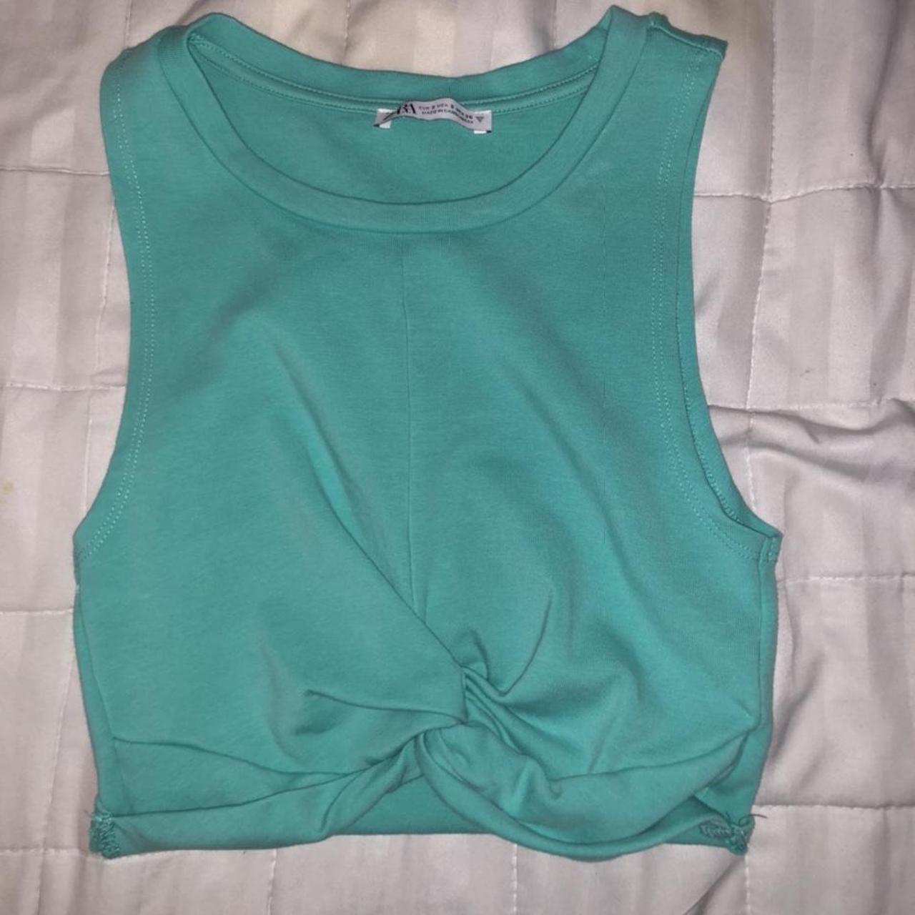 zara green crop top with knot size small in... - Depop