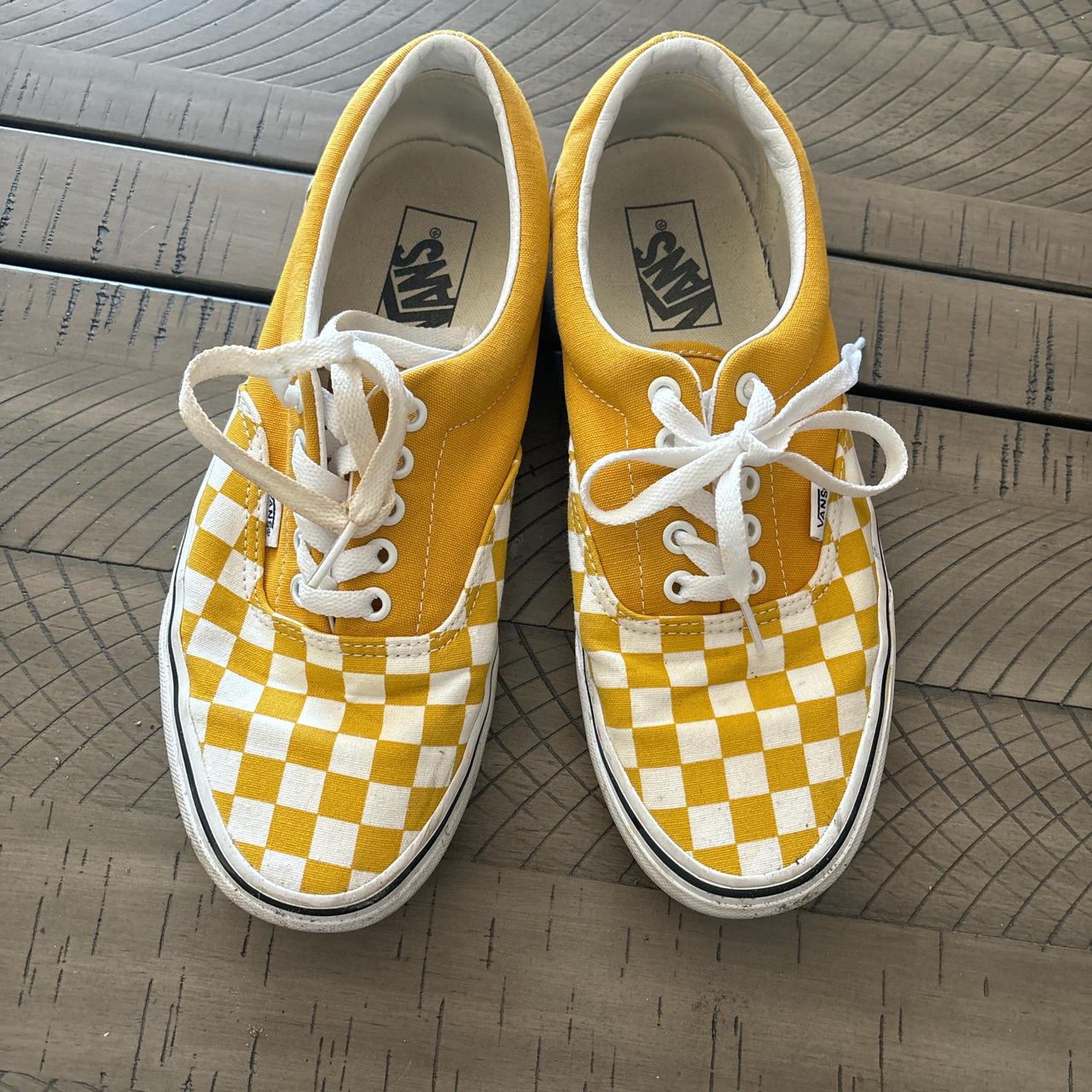 Yellow and white checkered Vans the white sole part. Depop