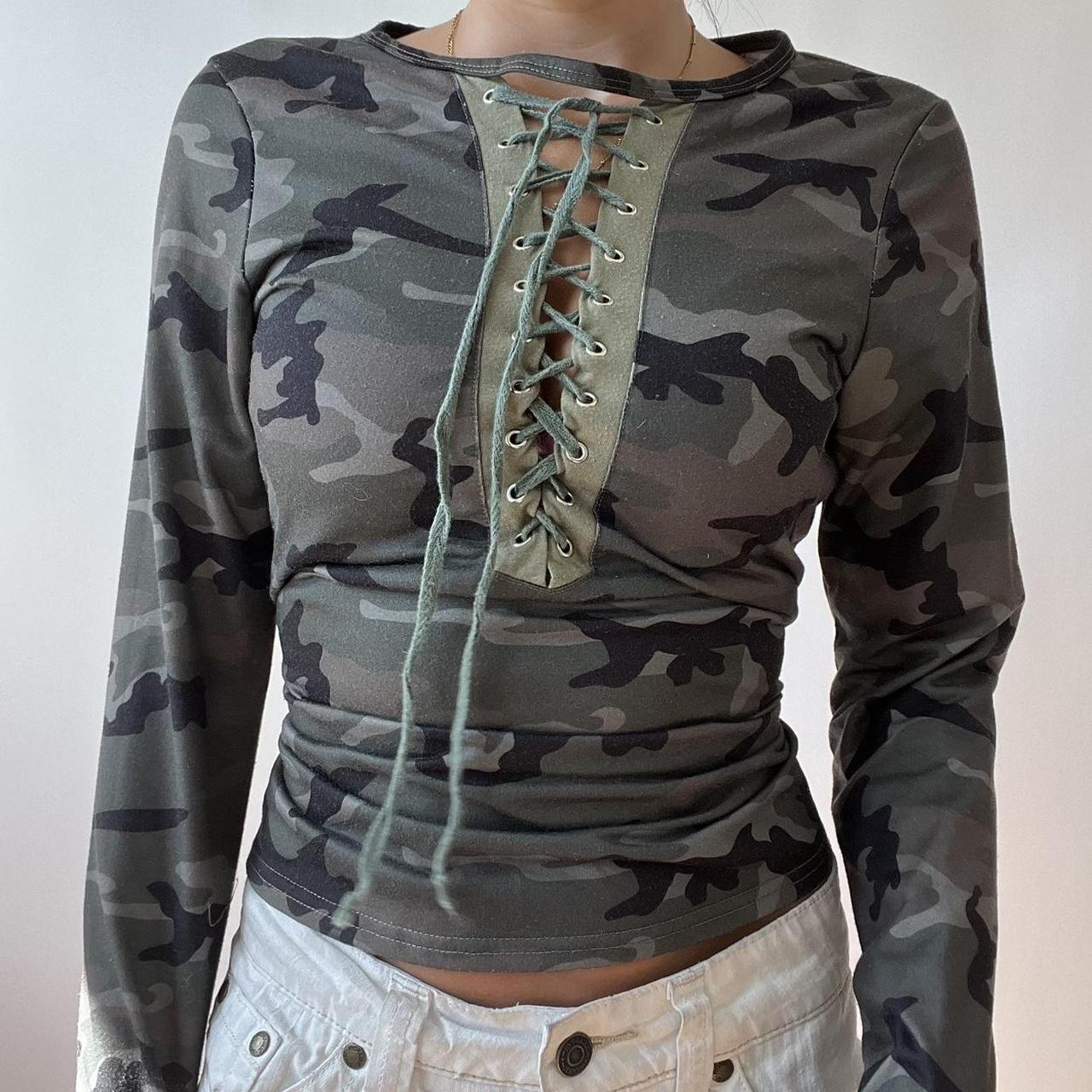 Green Camouflage Lace-Up Crop Top