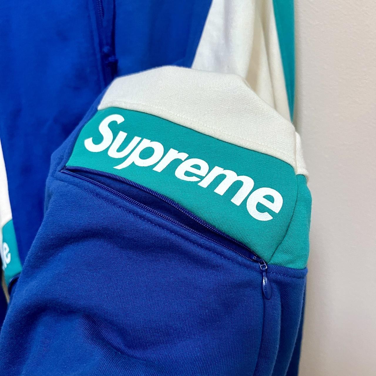 supreme paneled zip-up hooded sweatshirt • royal... - Depop