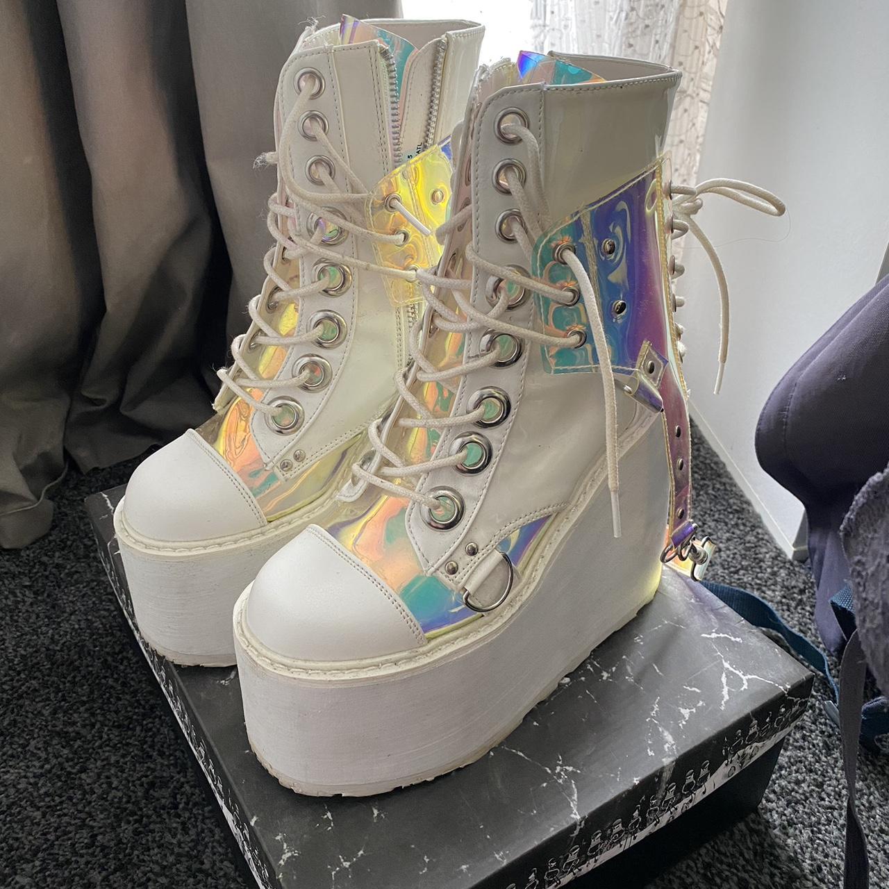 Demonia s White Holographic Boots Size 4 Depop