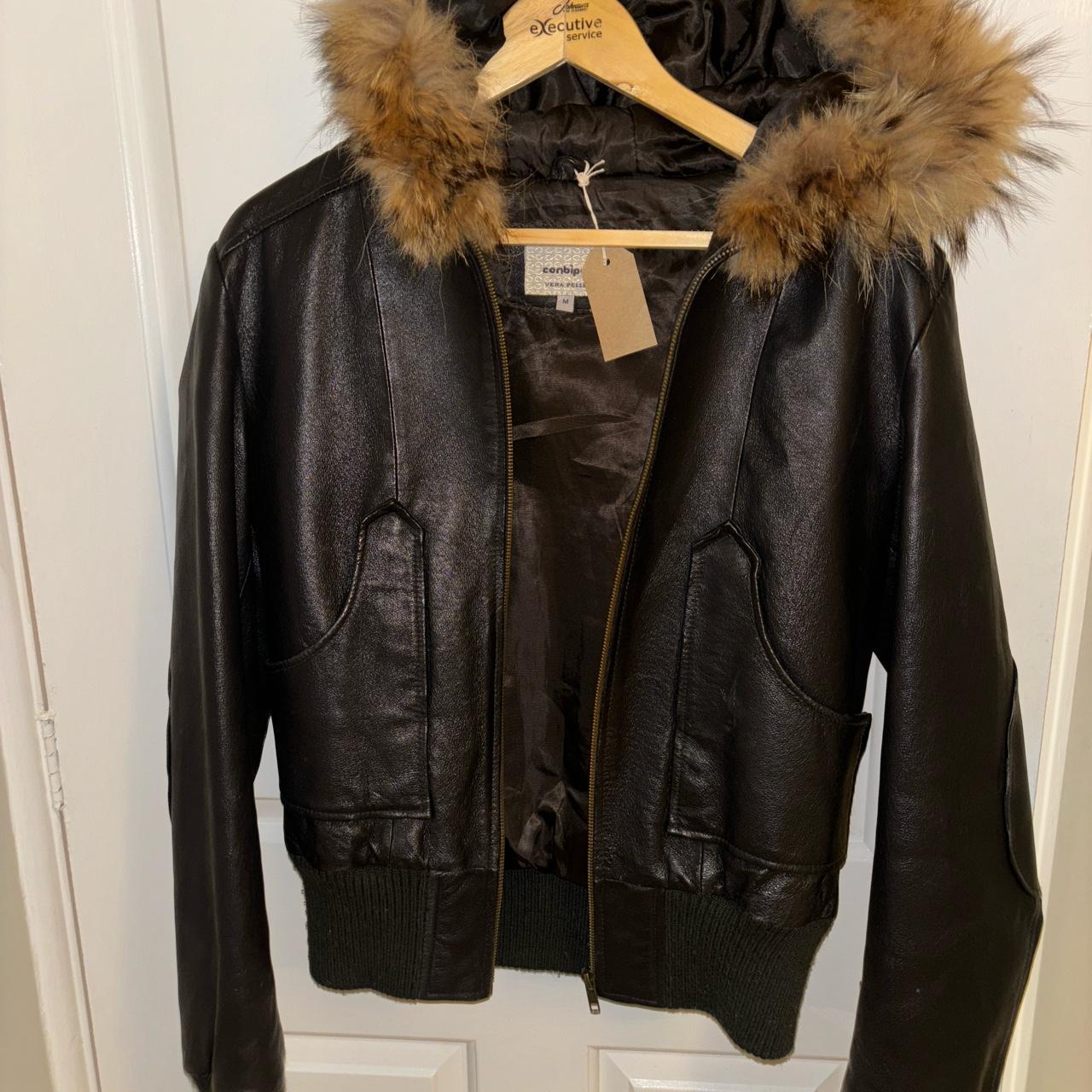 Leather fur hood jacket Leather bomber jacket Y2K... - Depop