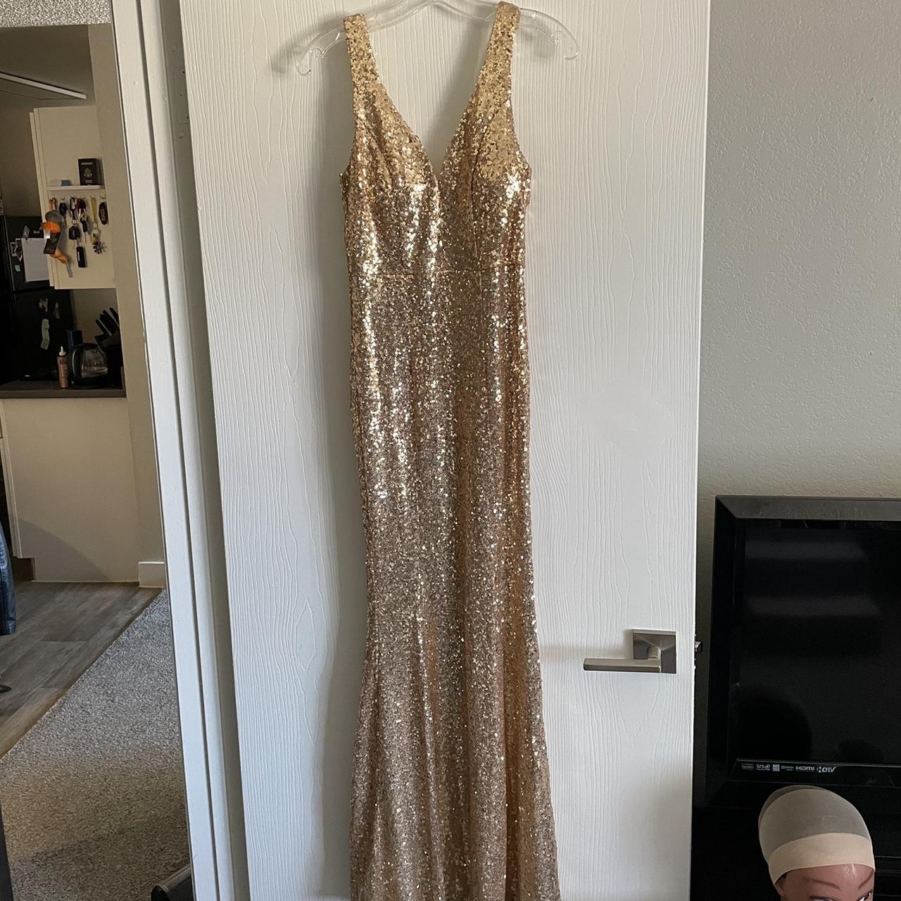 Crystal doll sequin gown in gold size 3 excellent... - Depop