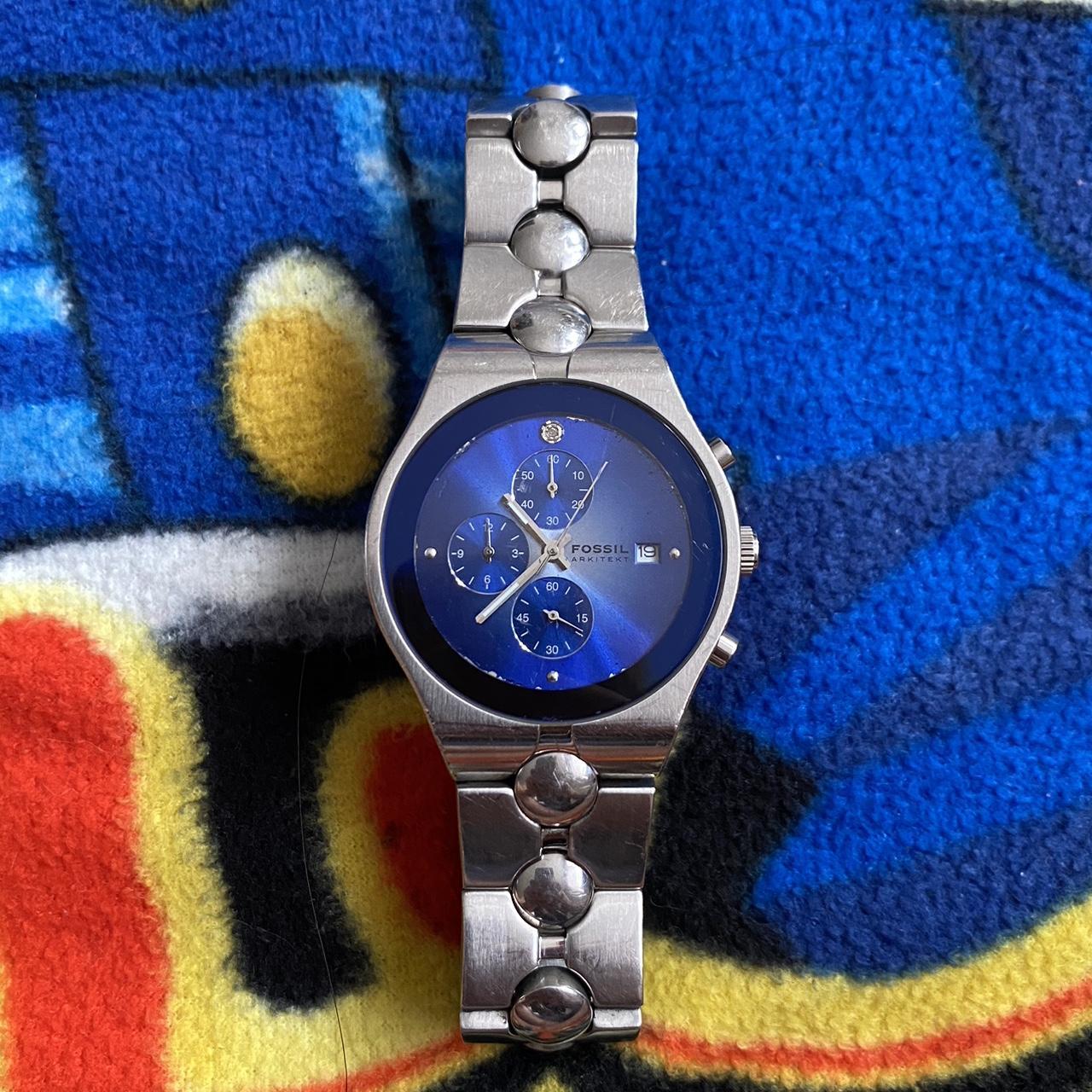 Fossil Men's Silver and Blue Watch | Depop