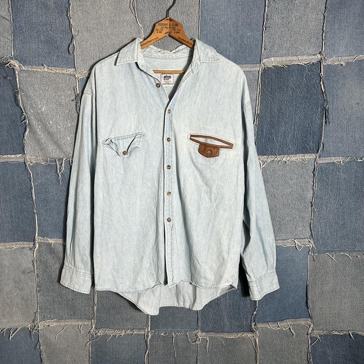 Vintage 80s Anchor Blue Denim Casual Shirt Stains... - Depop