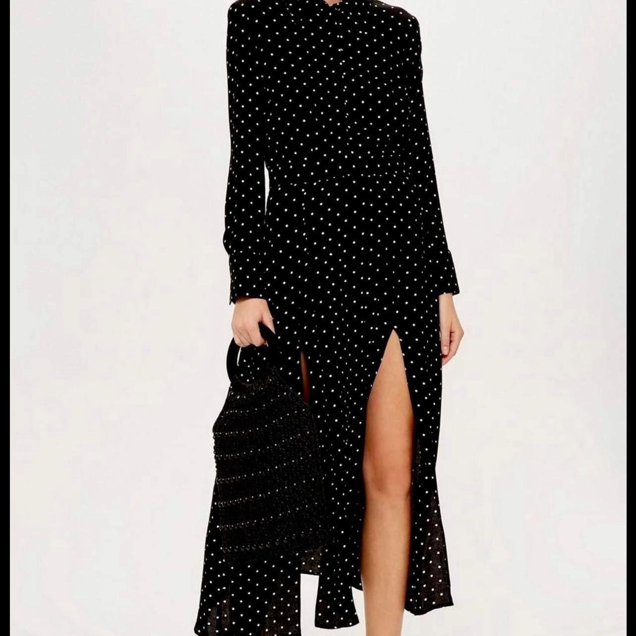 black and white spot maxi dress with split... Depop