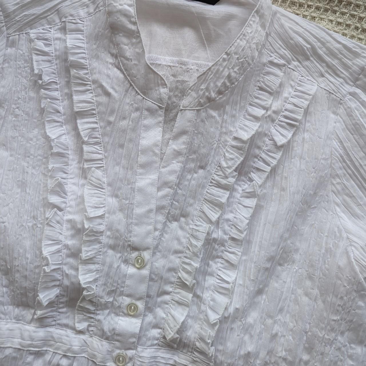 Crinkle ruffle white shirt, size 18 Vintage sizing,... - Depop