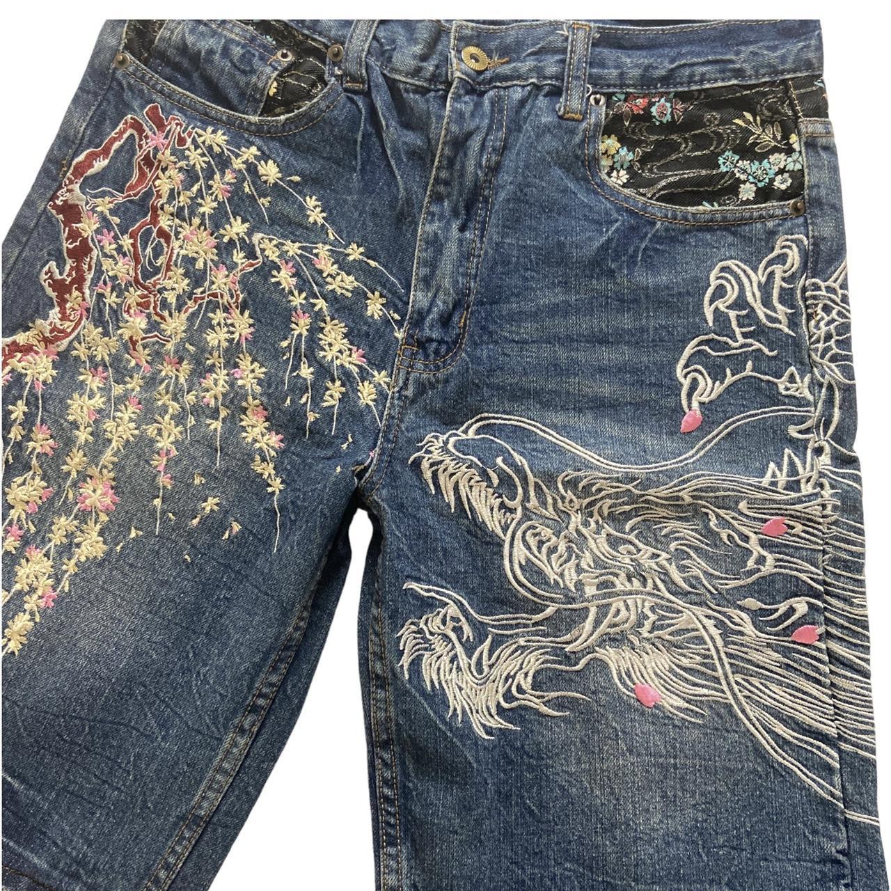 Japanese Karakuri Embroidered Dragon Jorts Light... - Depop
