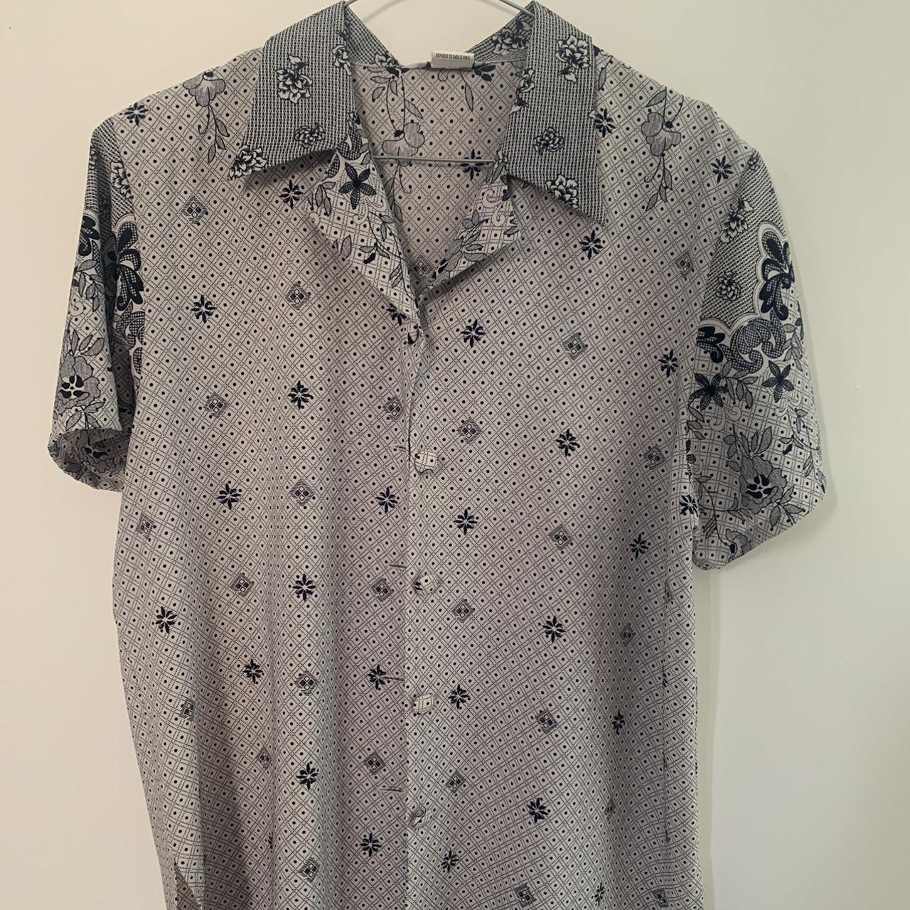 Vintage black and white floral bowling button up... - Depop