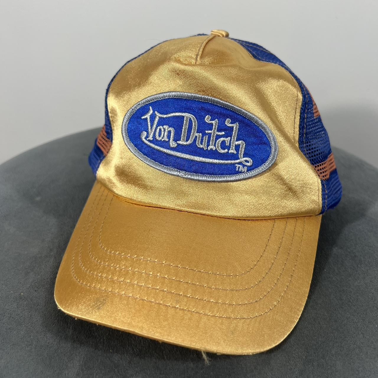 VON DUTCH DEADSTOCK BNWT GOLD AND BLUE SATIN HAT... - Depop