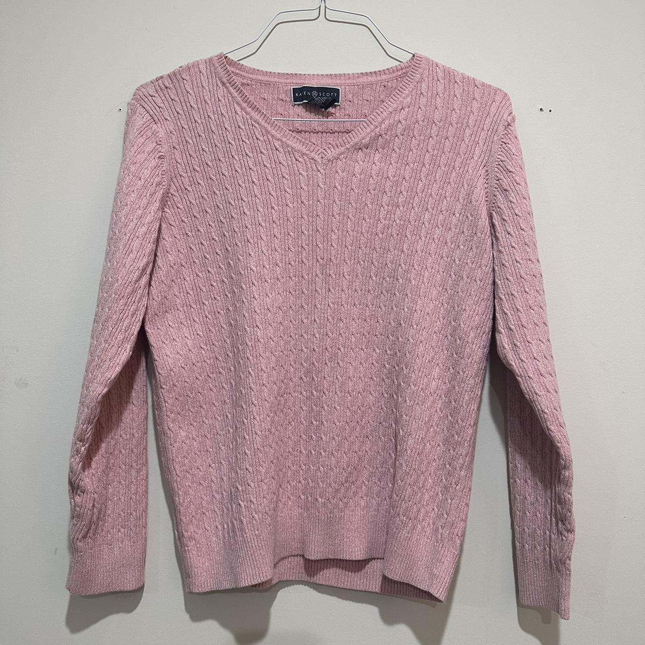 pink cable knit v-neck sweater size xl from karen... - Depop