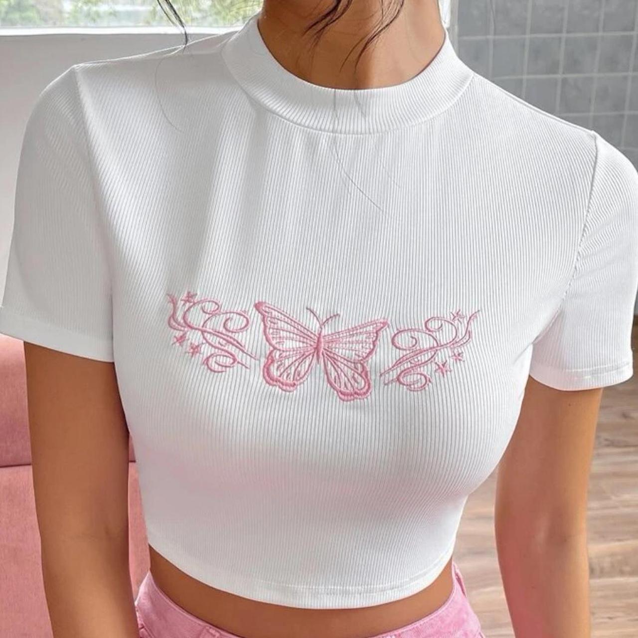 🦋cute White Crop Top With Pink Butterfly 🦋has Never Depop 1132