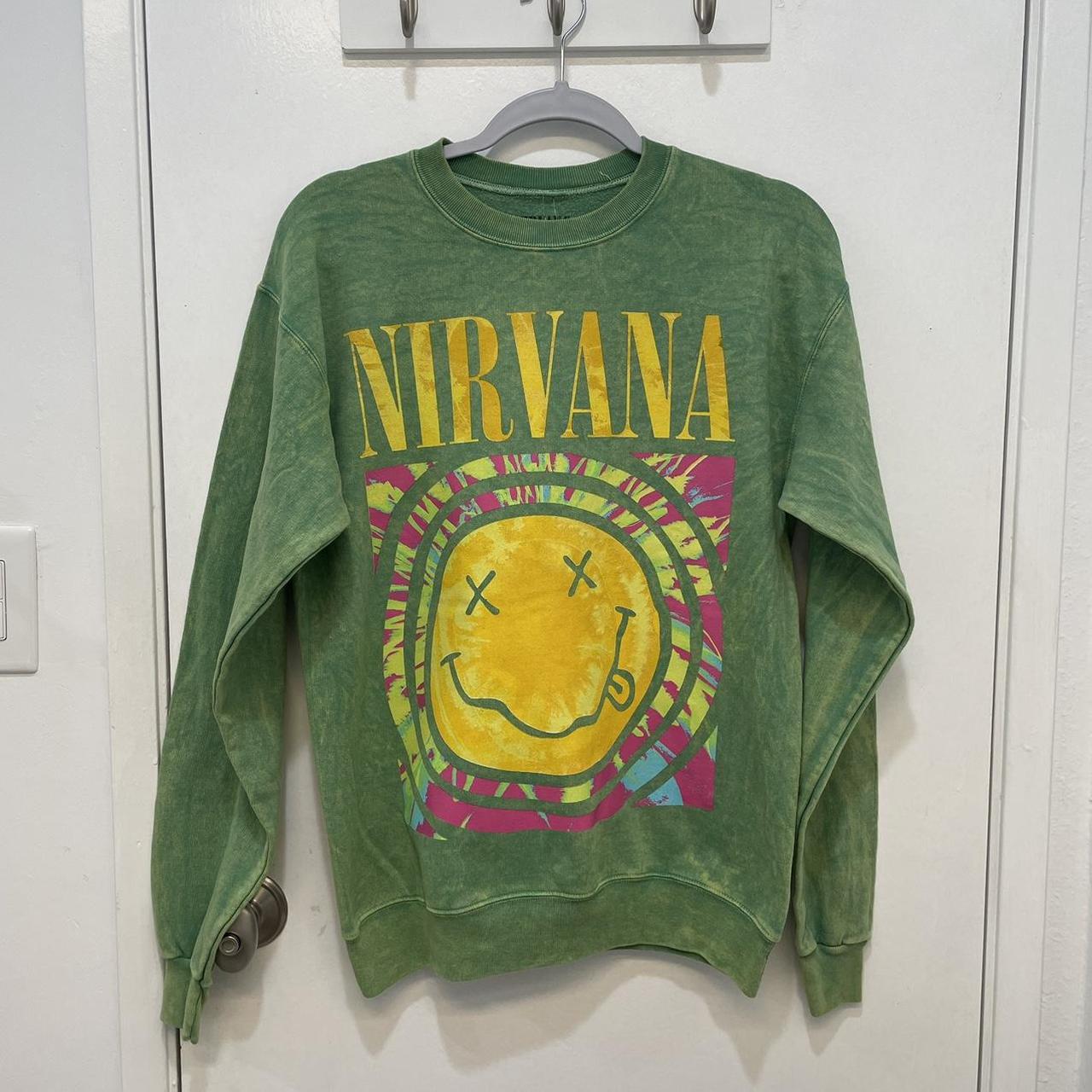 Nirvana Smile Overdyed Crewneck Green smiley face... - Depop