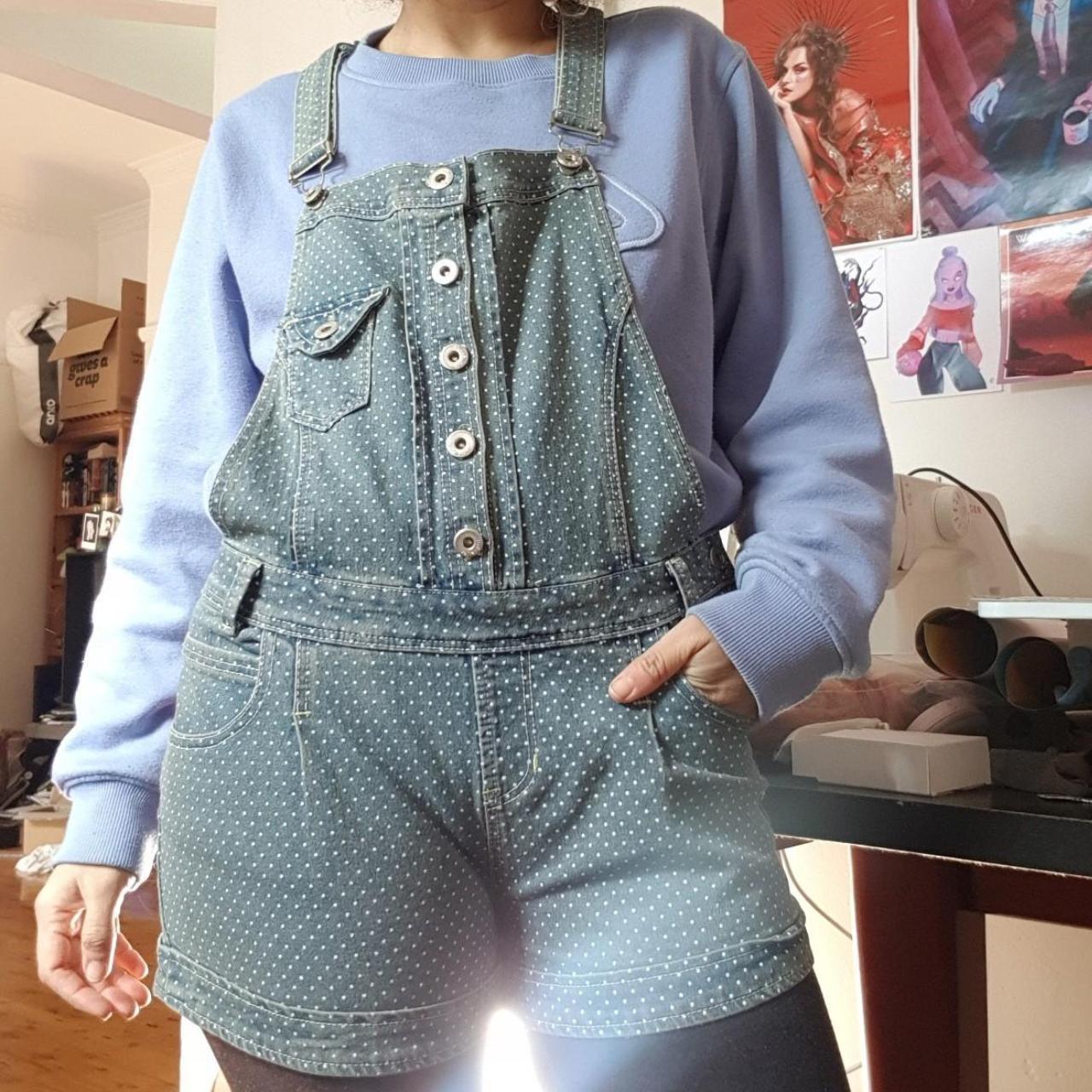 Light blue denim short overalls with white polka... - Depop