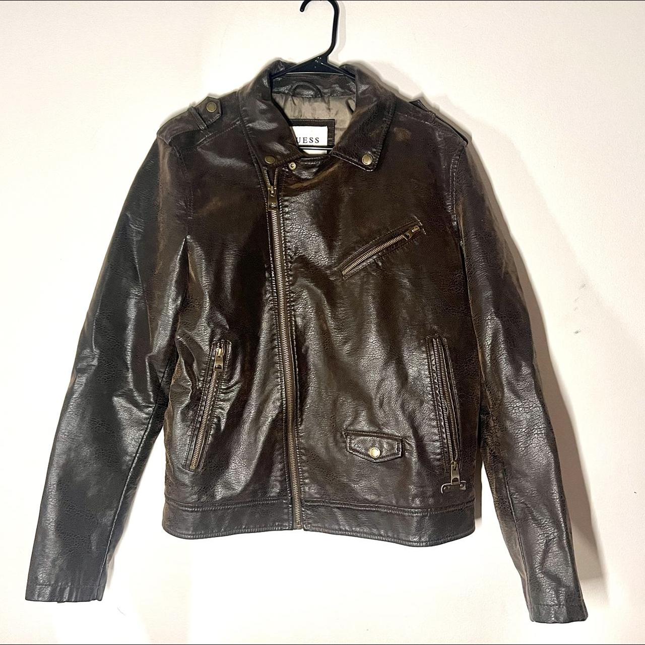 LEATHER BIKER JACKET- gold zippers and button... - Depop