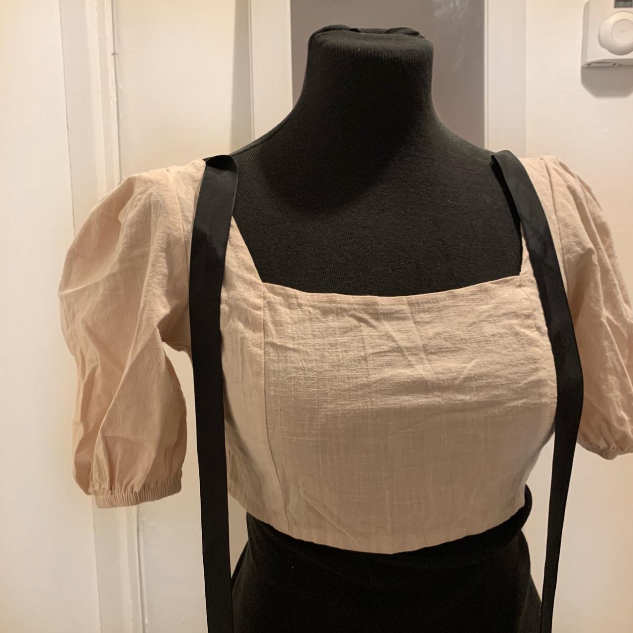 Babydoll lowback puff sleeve cream bow ribbon crop... Depop