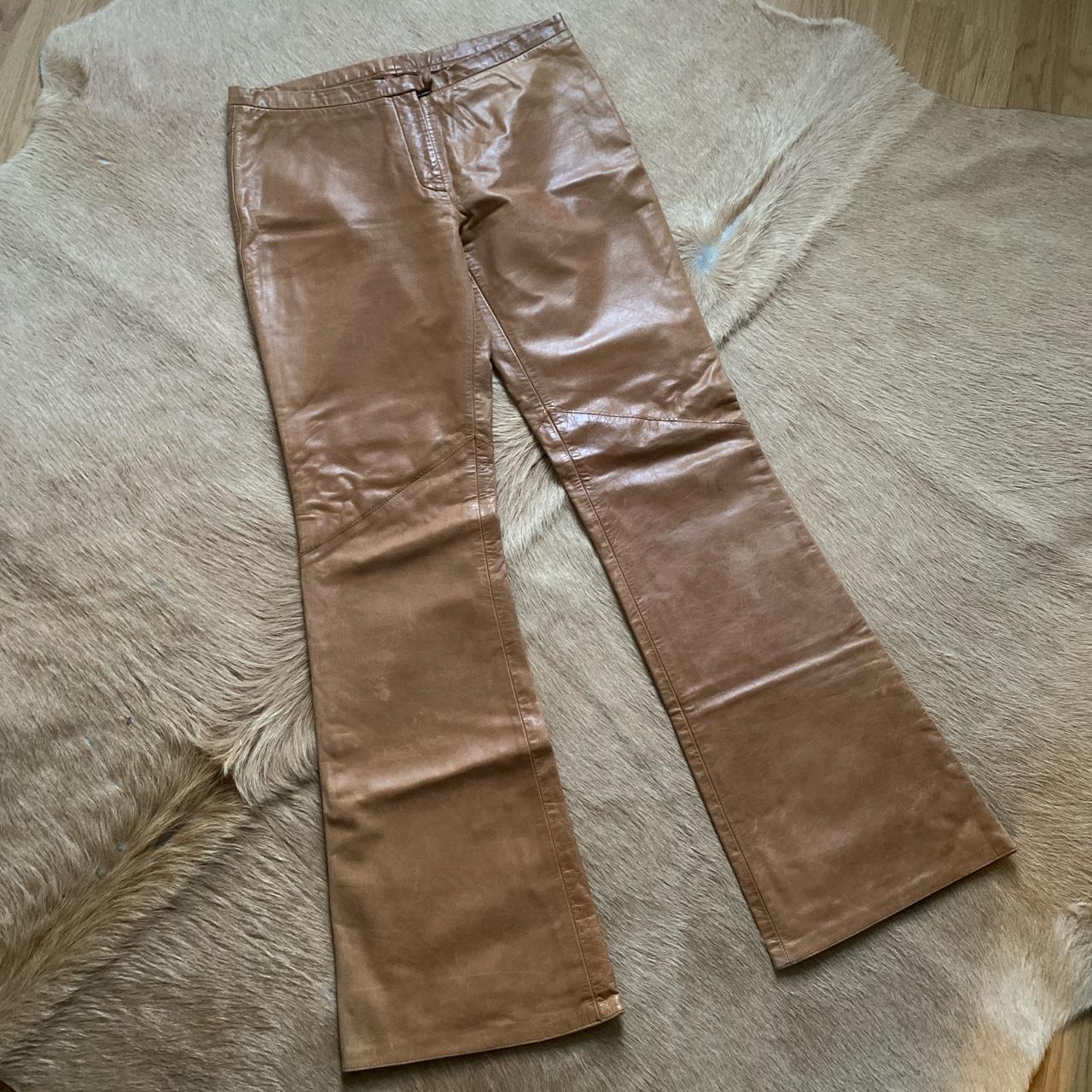 Vintage 90s Next Tan Leather Flare -uk 12 Long - Depop