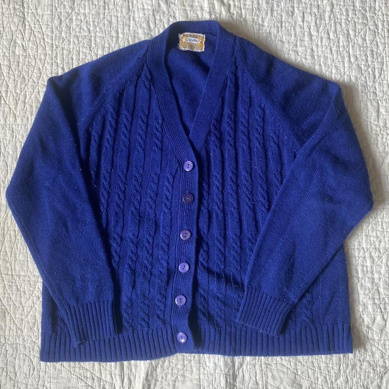 Vintage 60s/70s blue cable knit cardigan sweater... - Depop