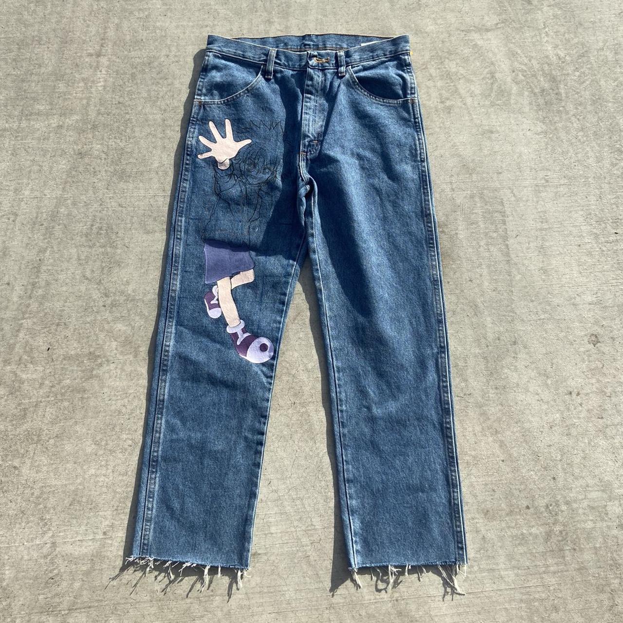 Custom Painted Anime Denim Jeans In excellent... Depop