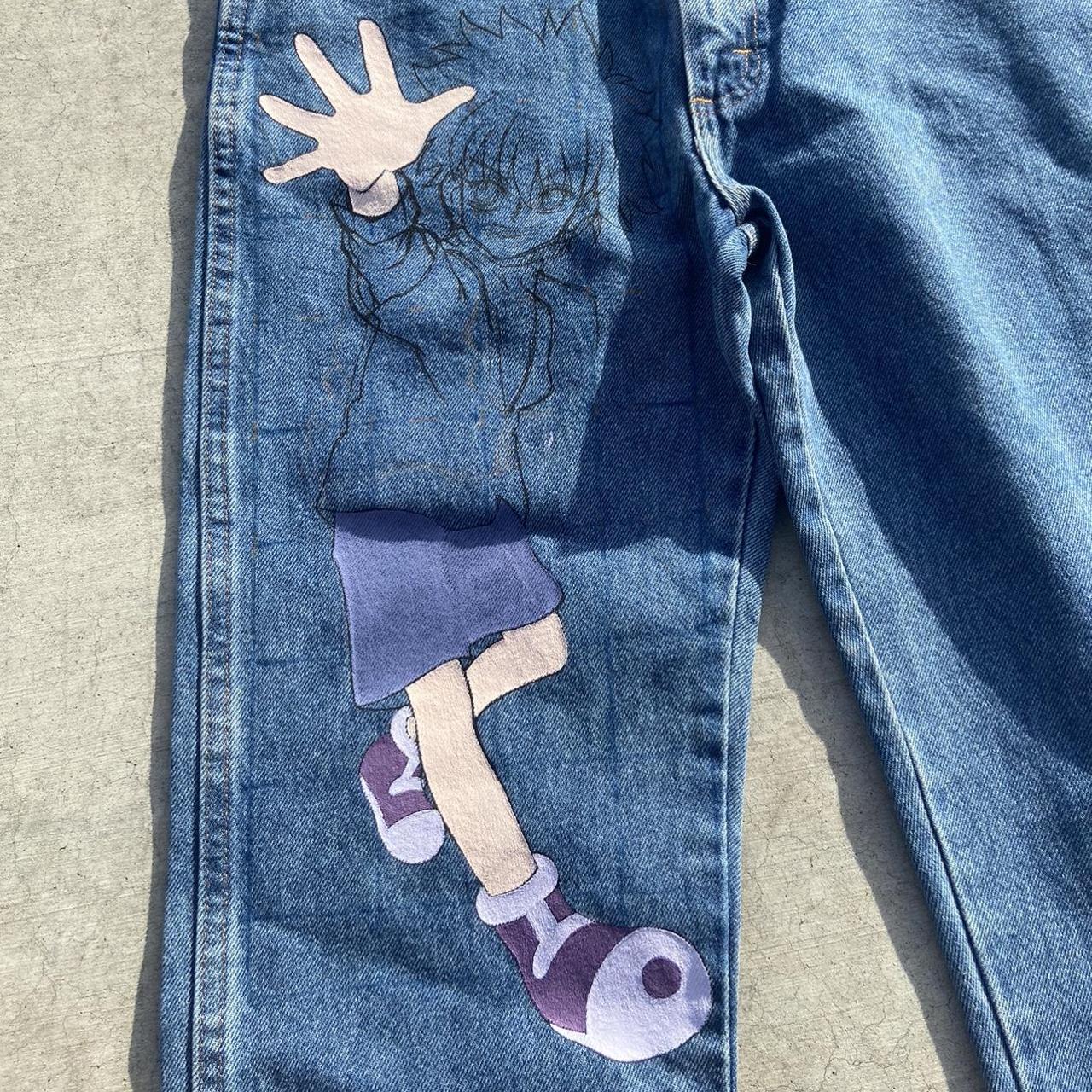 Custom Painted Anime Denim Jeans In excellent... Depop