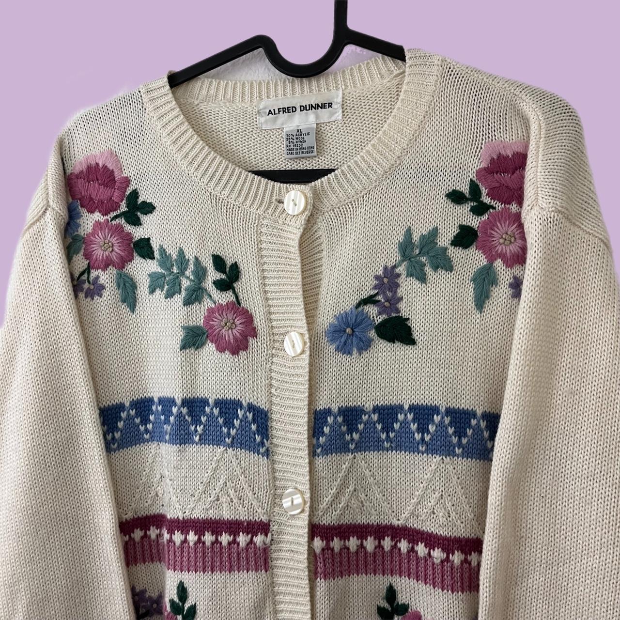 Vintage grandma floral embroidered wool blend knit... - Depop