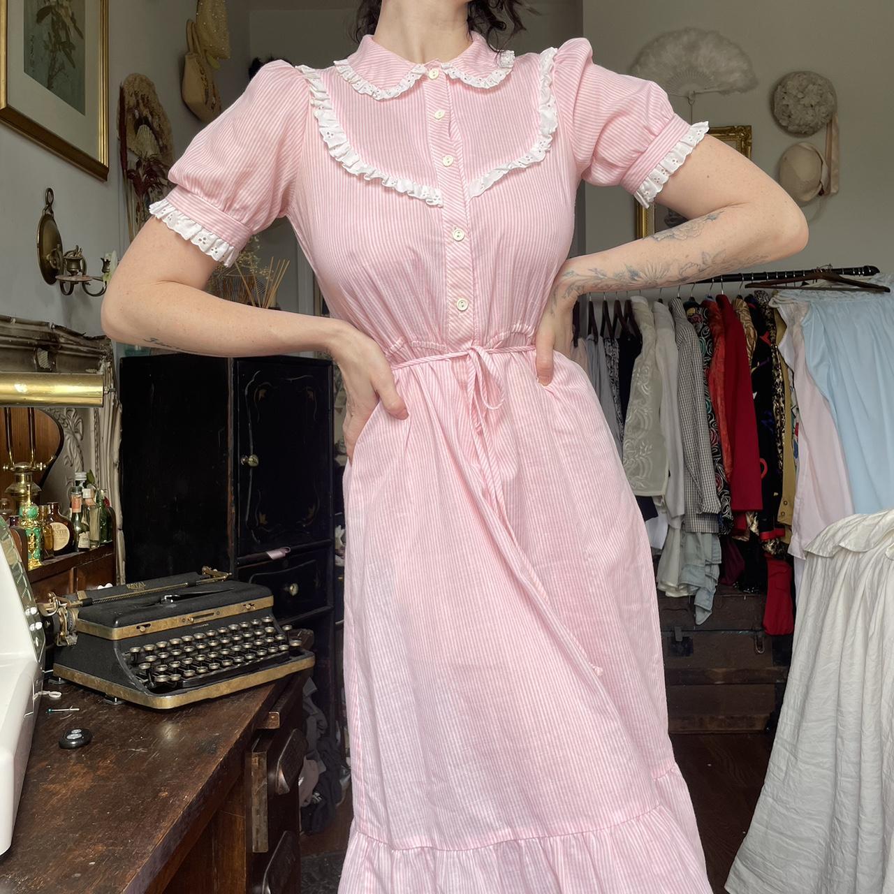 Vintage 60s 70s shirt dress • Baby pink & white... Depop