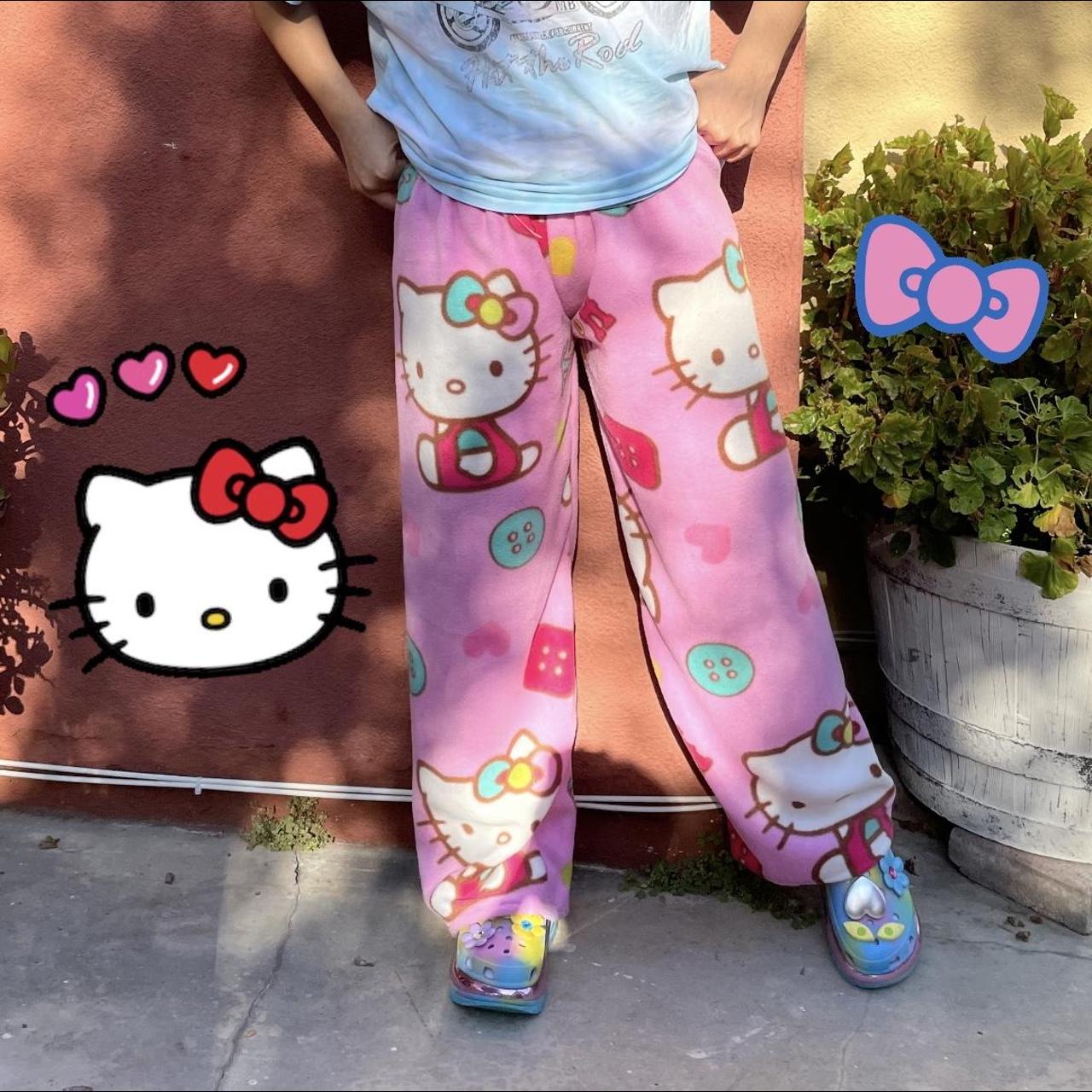 Handmade Pink Hello Kitty Pajama Pants with a pink... - Depop