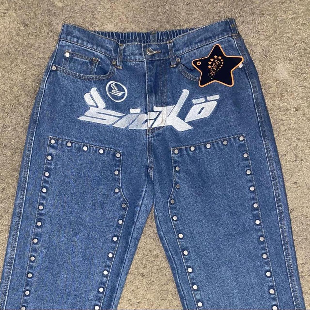 AFB x SICKO Jeans Studded Blue Studded Denim Jeans... - Depop