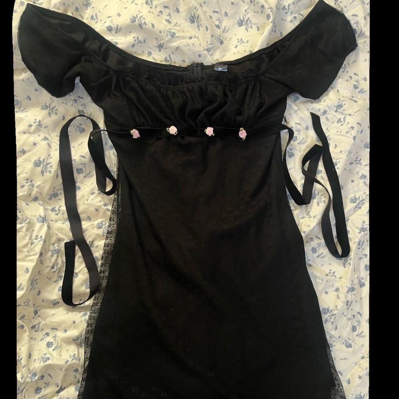 unif lace black peasant sleeve dress, rose band... Depop