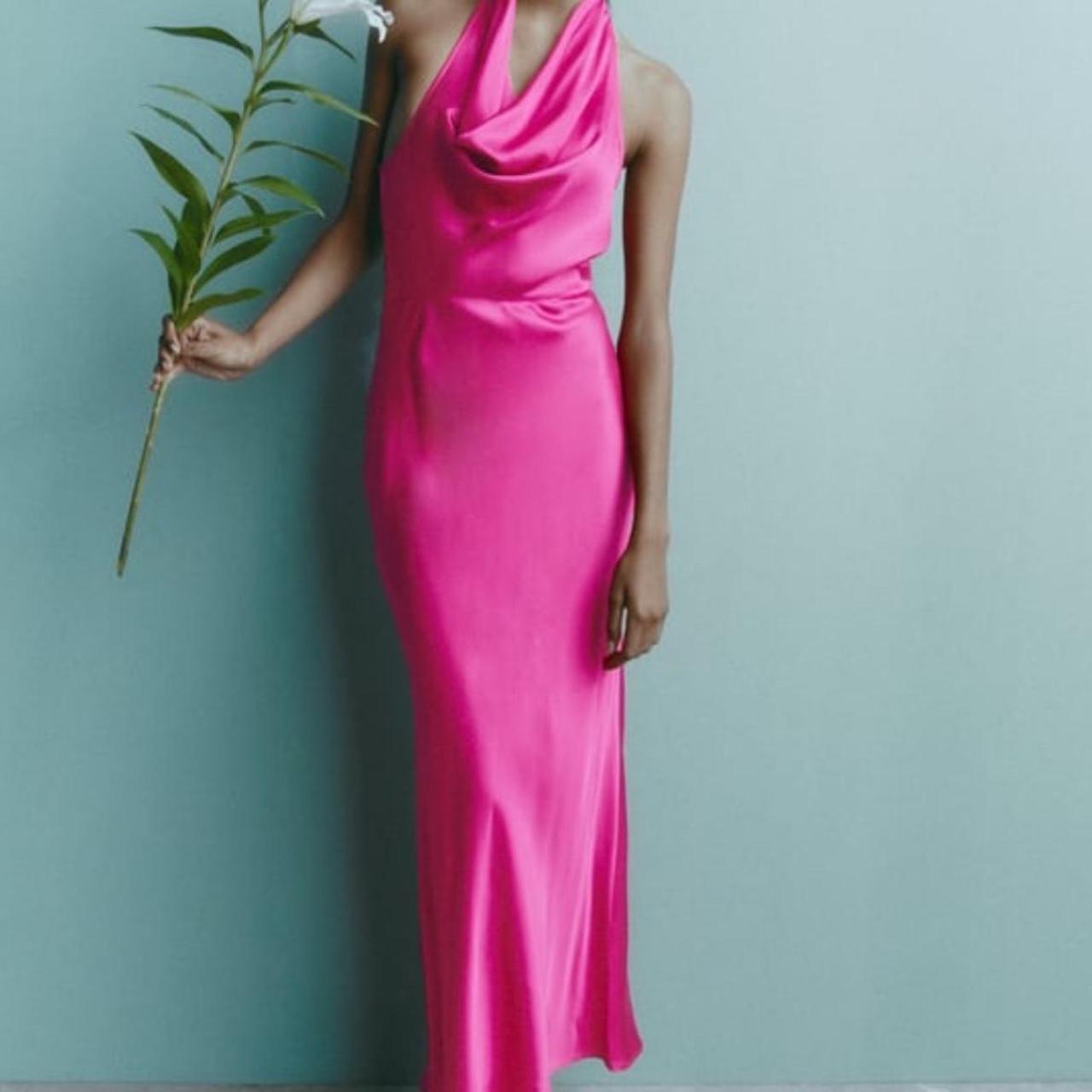 Zara pink satin halter maxi dress Open back Size... Depop