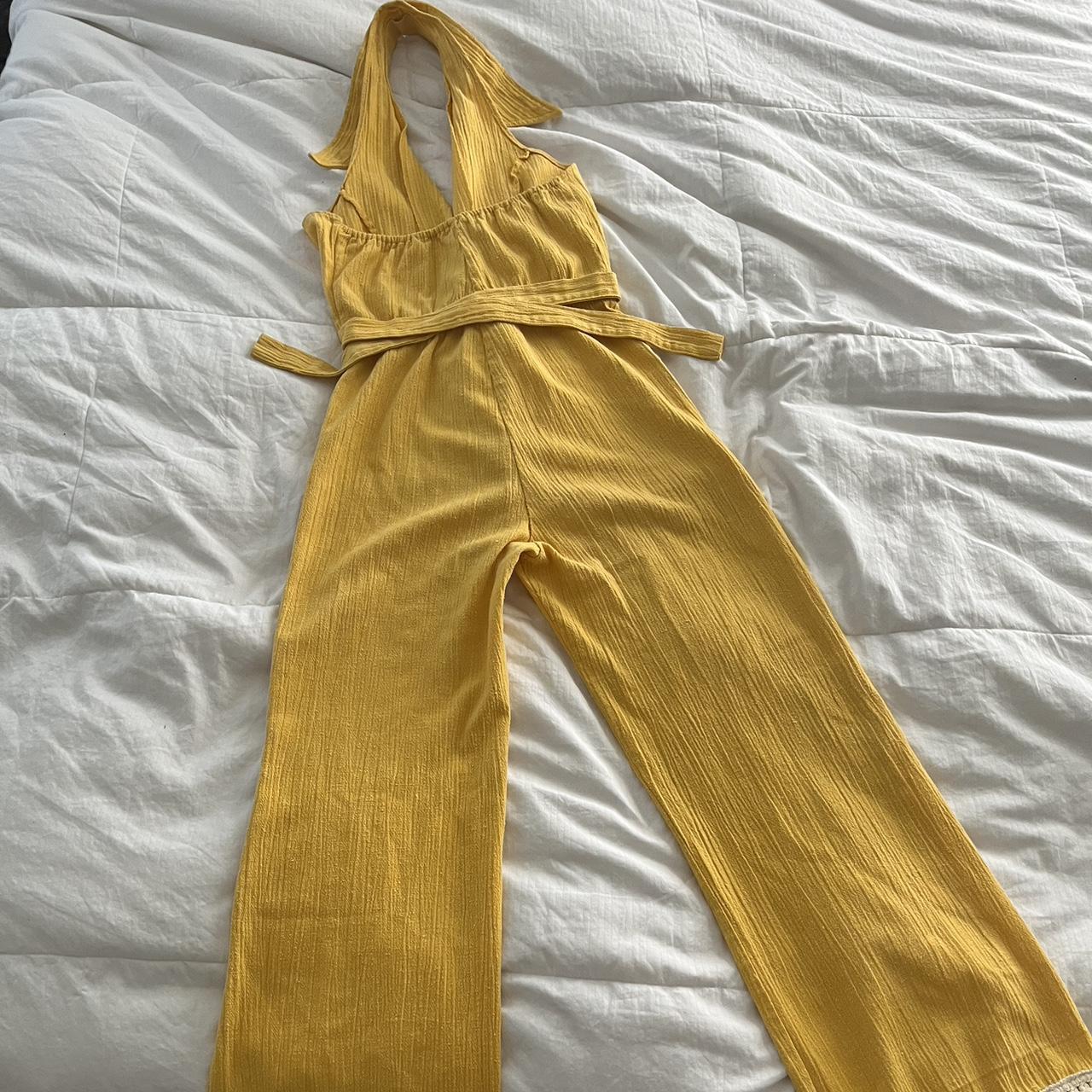 70s yellow halter jumpsuit, fabric is a medium... - Depop