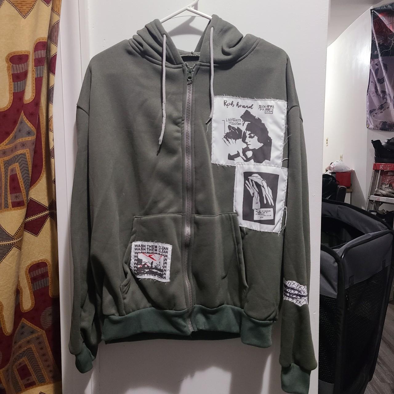sage green zip up hoodie with patches. fits like a... Depop