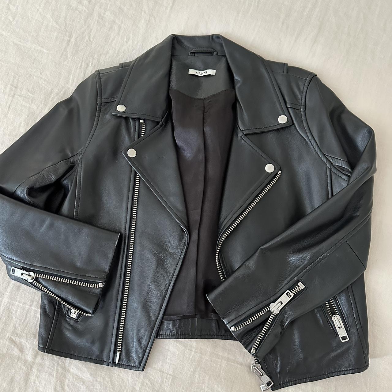 GANNI Leather Jacket Size S Black Preowned sleeves... - Depop