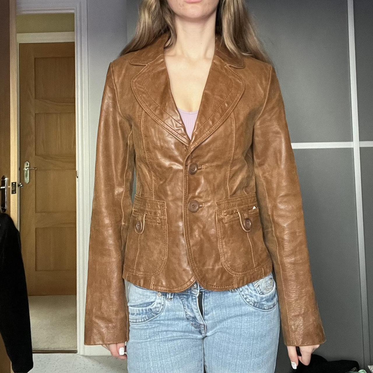 Tan real leather blazer jacket 2 buttons up pickets... Depop