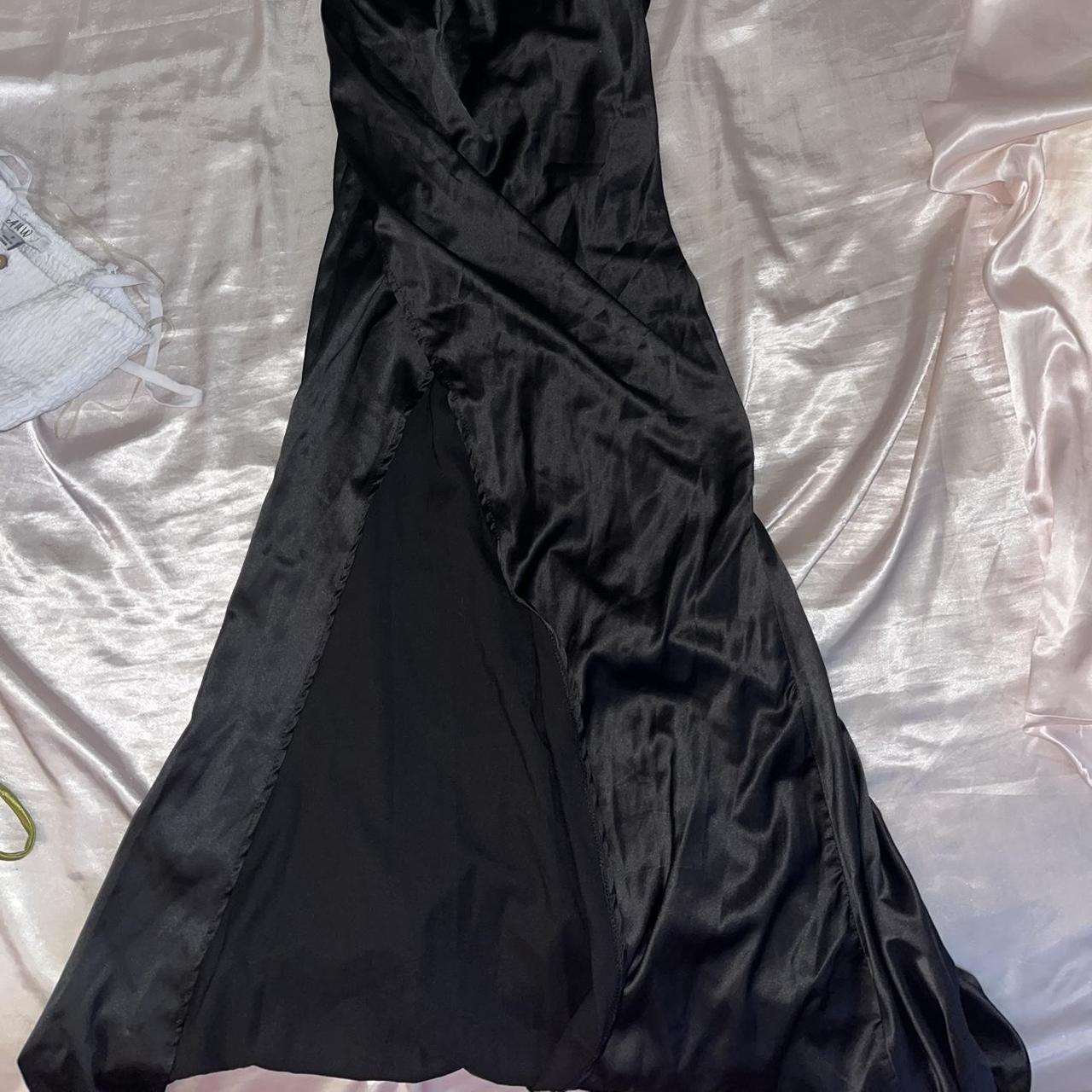 black satin strapless maxi dress with slit! best... - Depop
