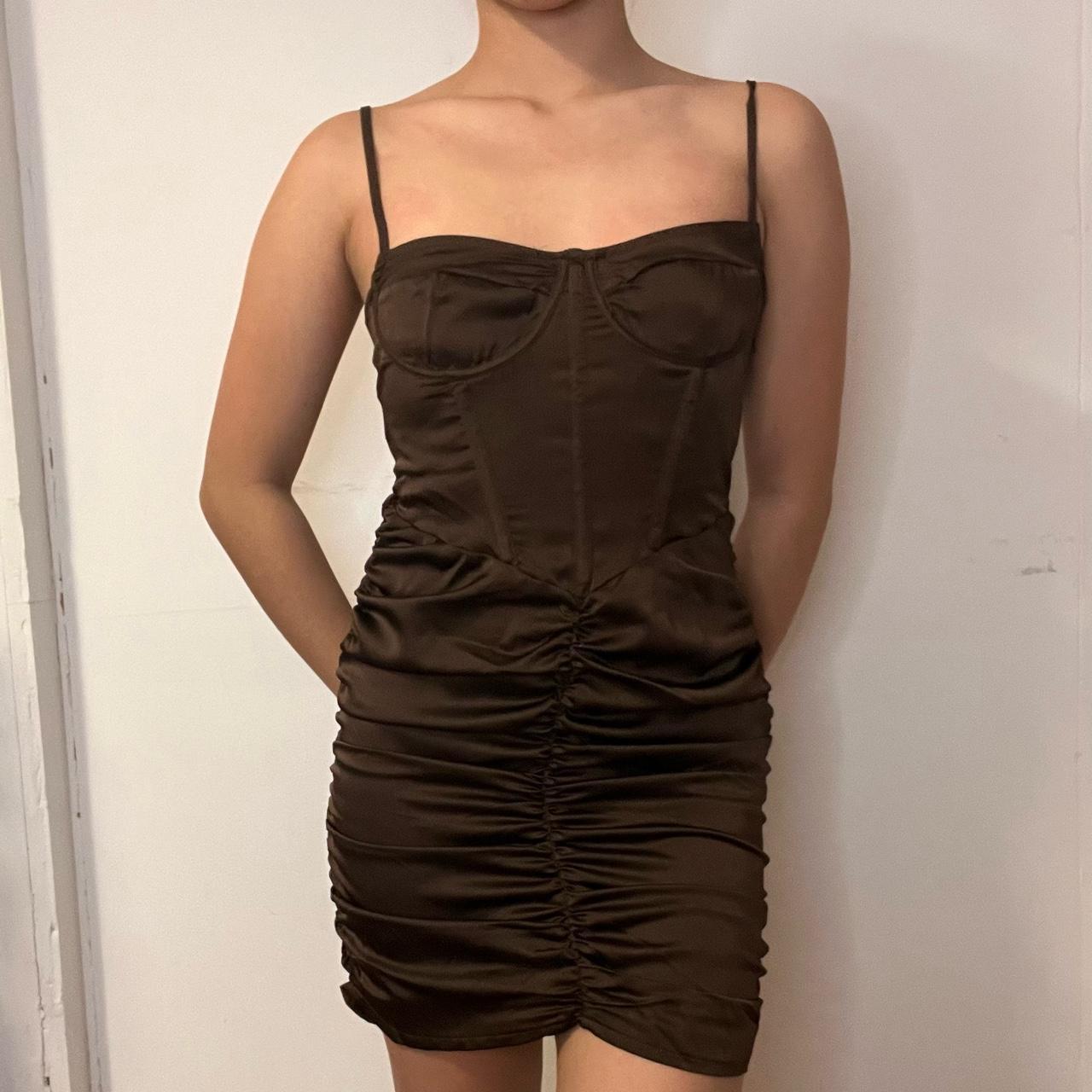 Chocolate Satin Strappy Corset Detail Ruched Skirt Bodycon Dress