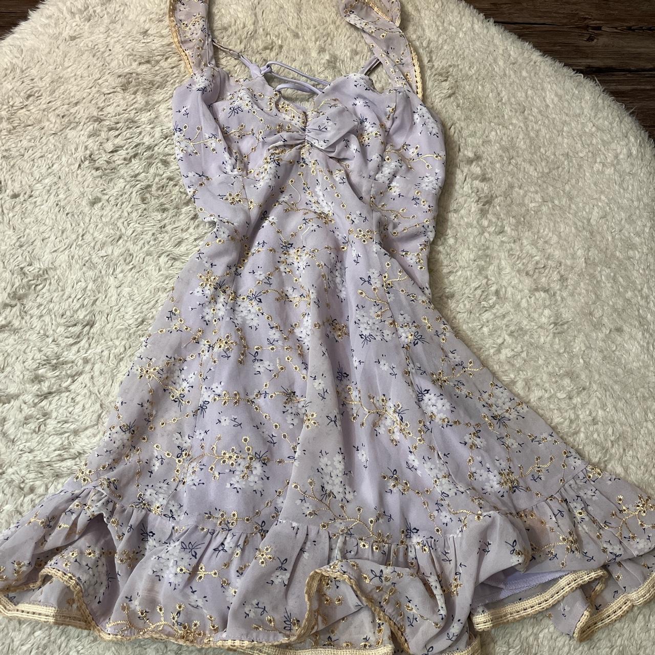 Lucy in the Sky Women's Gold and Purple Dress Depop