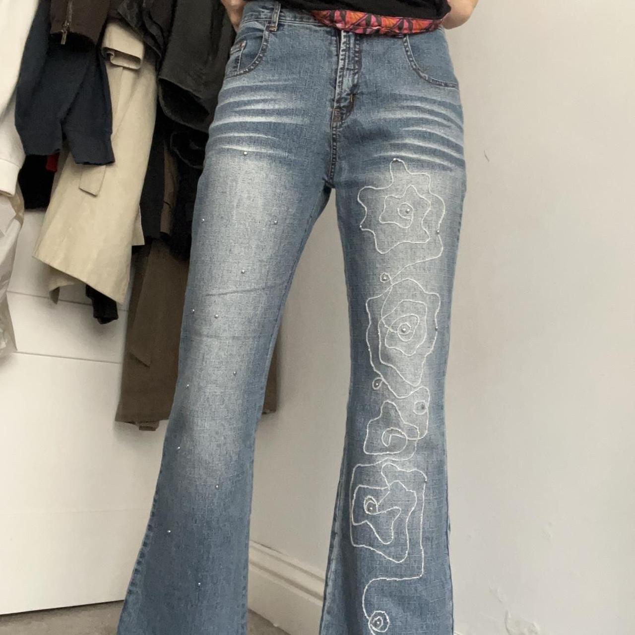 Insane embroidered jeans ! Asymmetric design and... - Depop