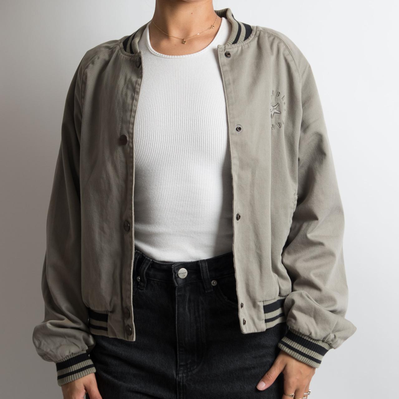 khaki bomber jacket embroidered detailing front left... - Depop