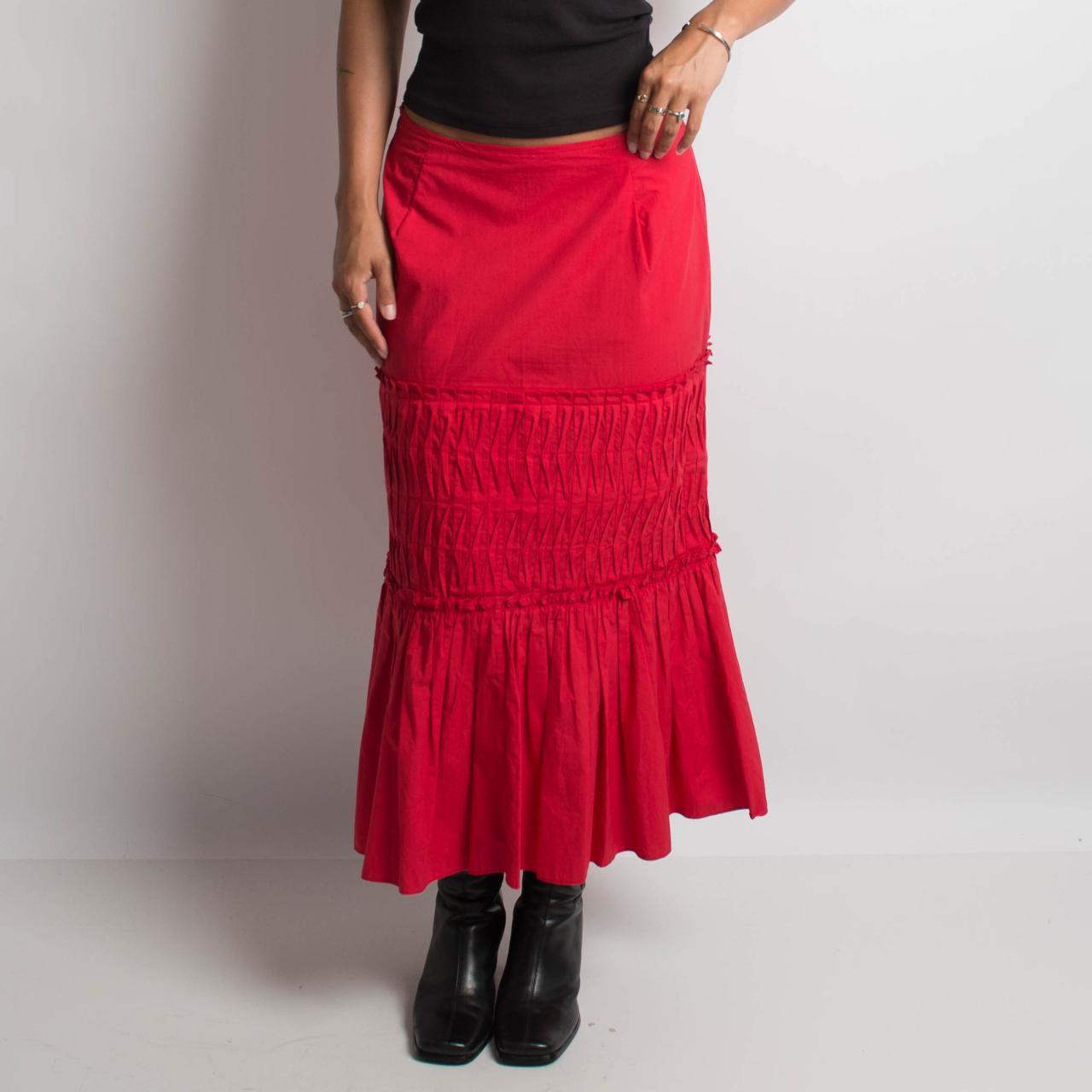 red longline skirt stitch / pleat... - Depop