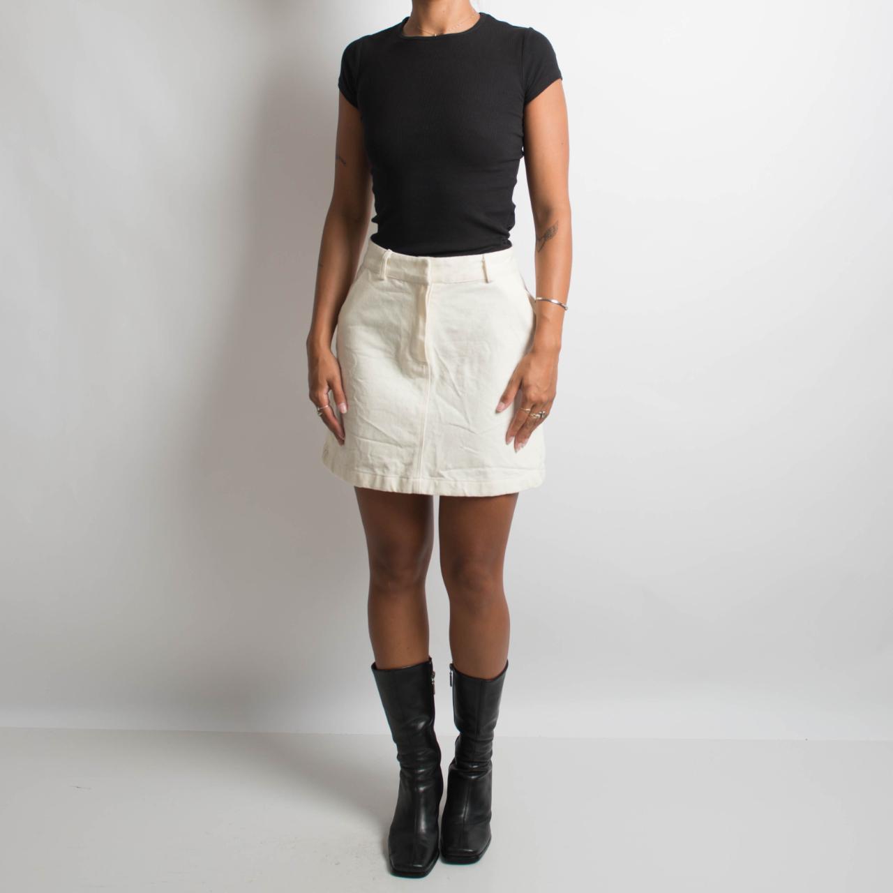 cream denim mini skirt high waisted functional front... - Depop
