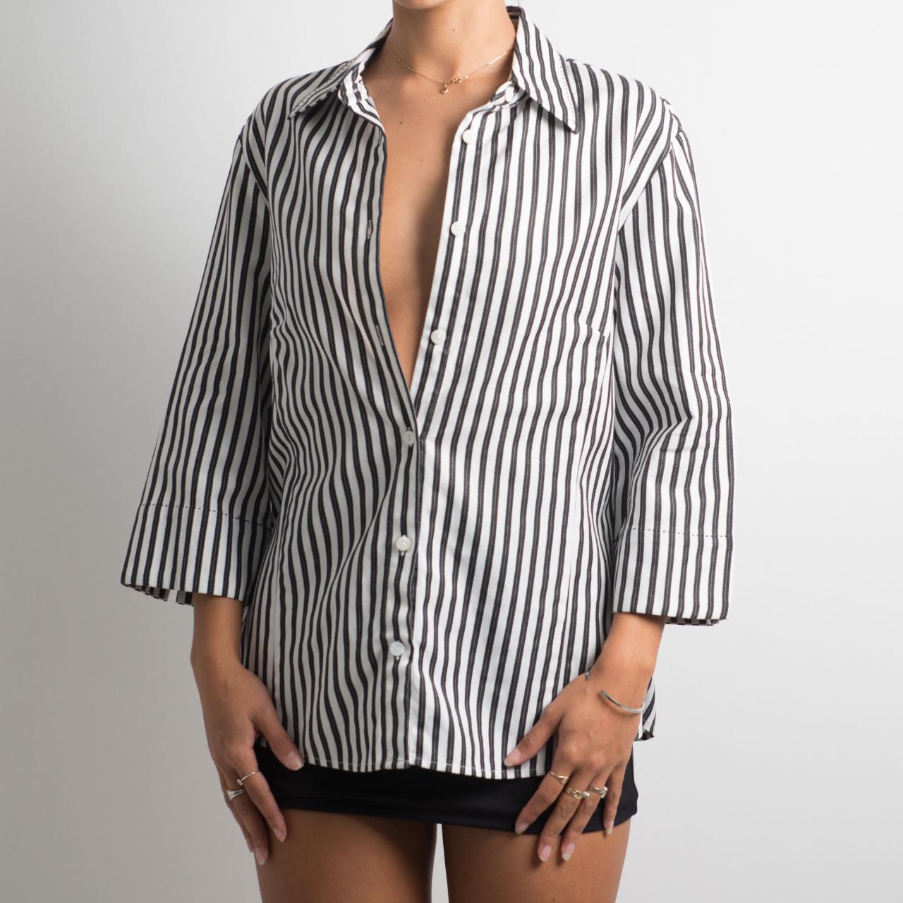 Black and white striped shirt 3/4 sleeve best sale